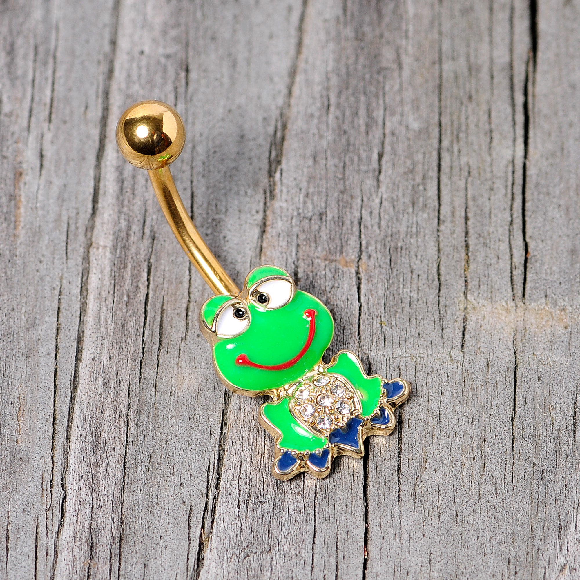 Clear Gem Gold Tone Green Goofy Frog Belly Ring