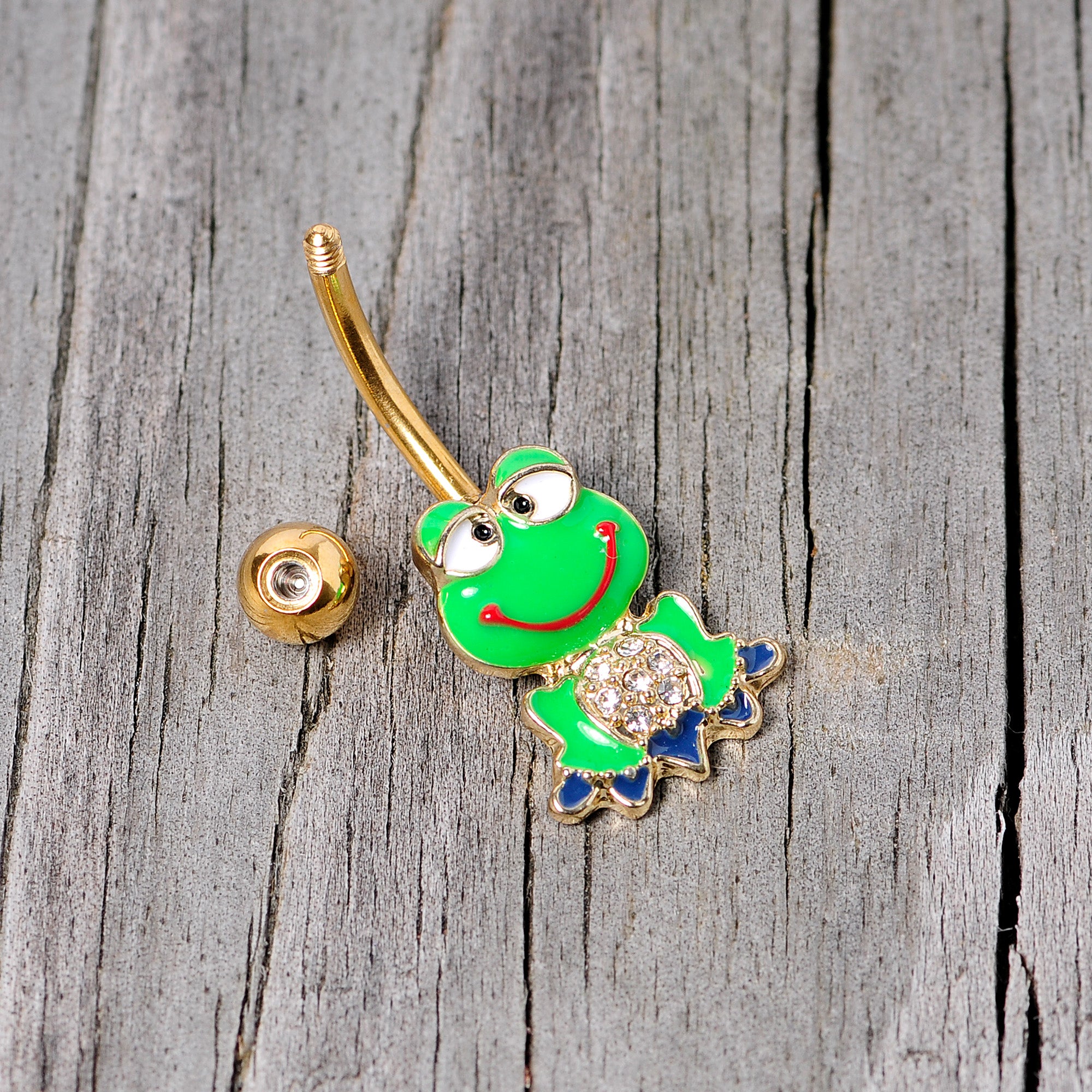 Clear Gem Gold Tone Green Goofy Frog Belly Ring