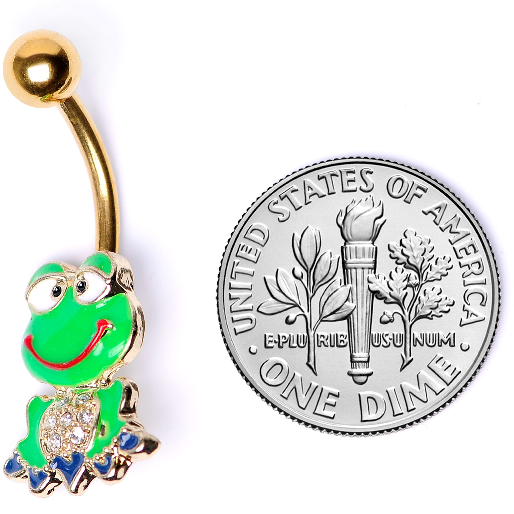 Clear Gem Gold Tone Green Goofy Frog Belly Ring