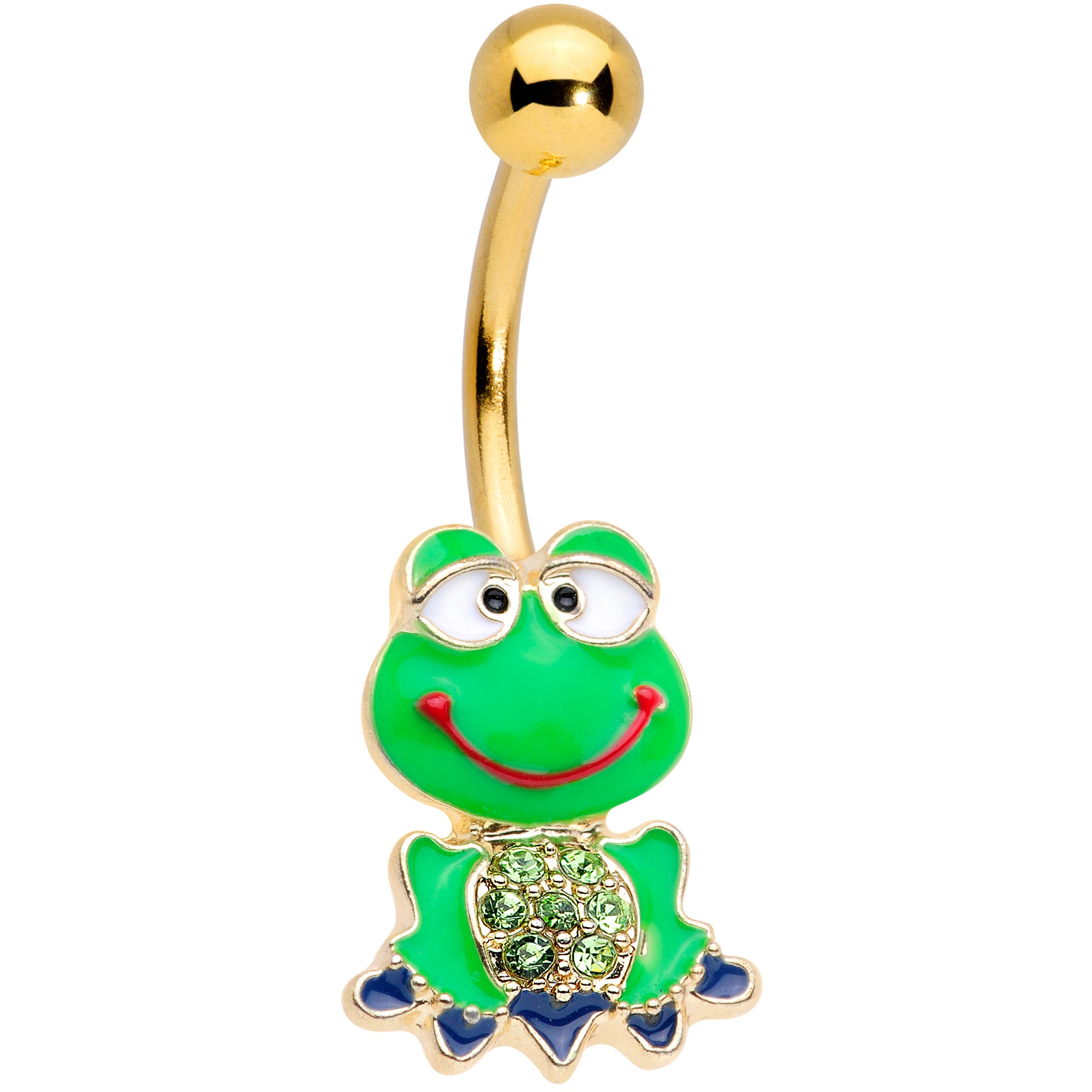 Green Gem Gold Tone Green Goofy Frog Belly Ring