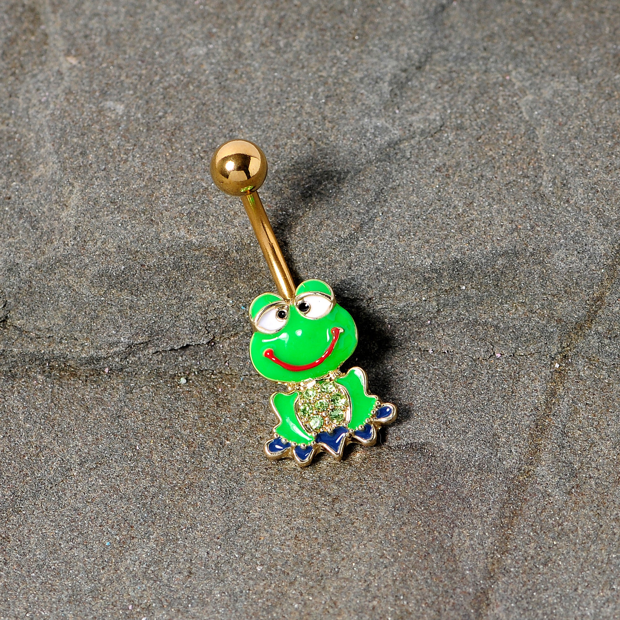 Green Gem Gold Tone Green Goofy Frog Belly Ring