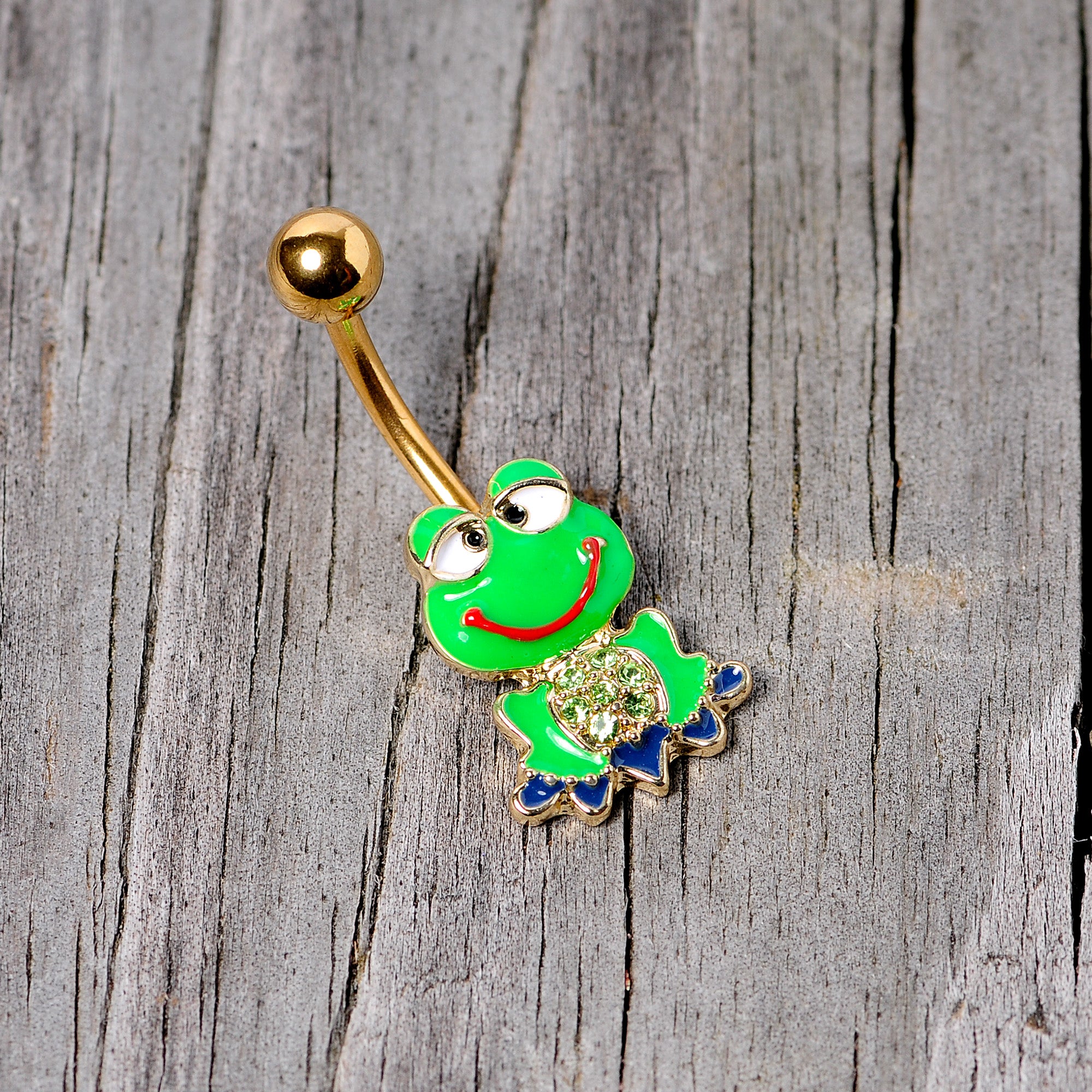 Green Gem Gold Tone Green Goofy Frog Belly Ring