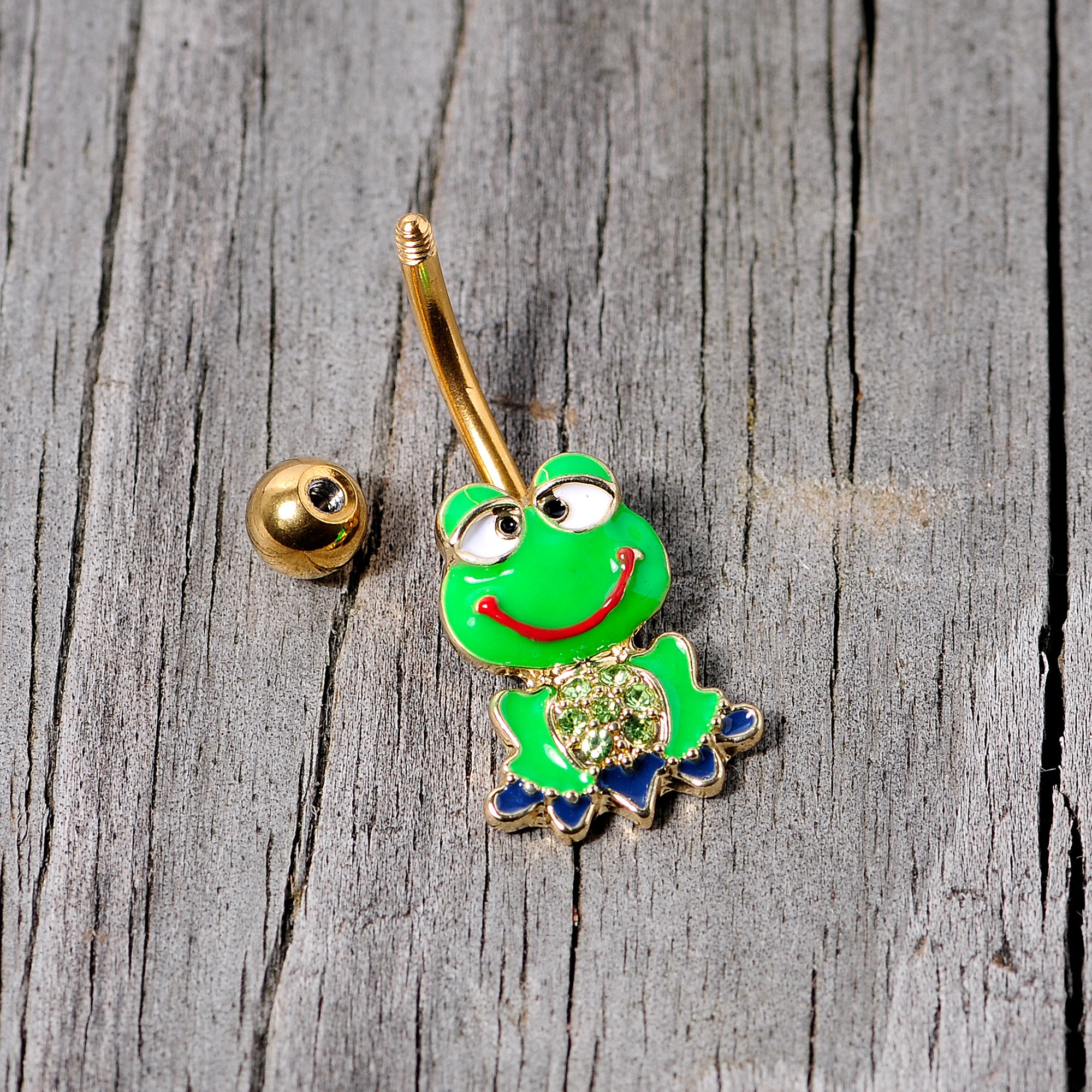 Green Gem Gold Tone Green Goofy Frog Belly Ring