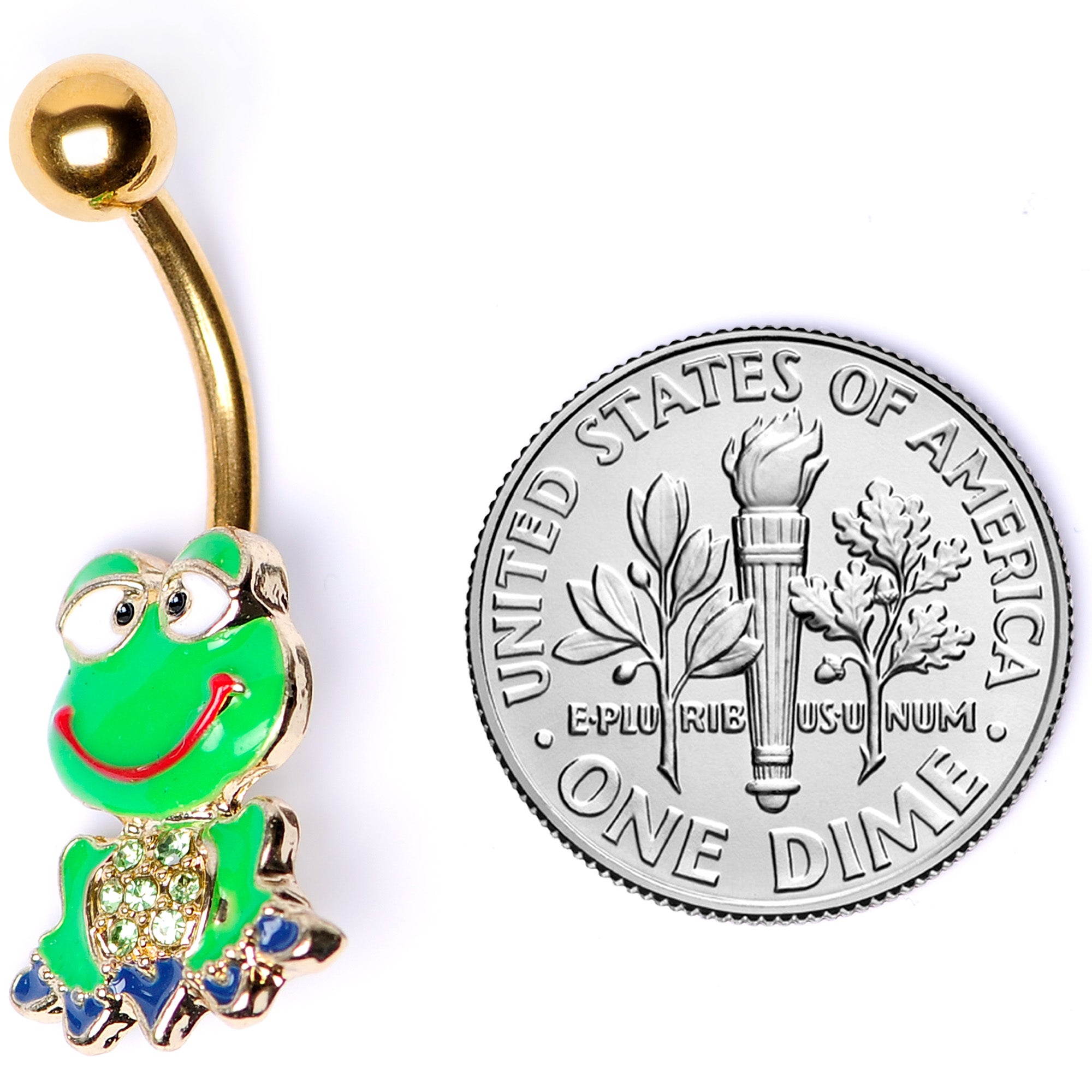 Green Gem Gold Tone Green Goofy Frog Belly Ring