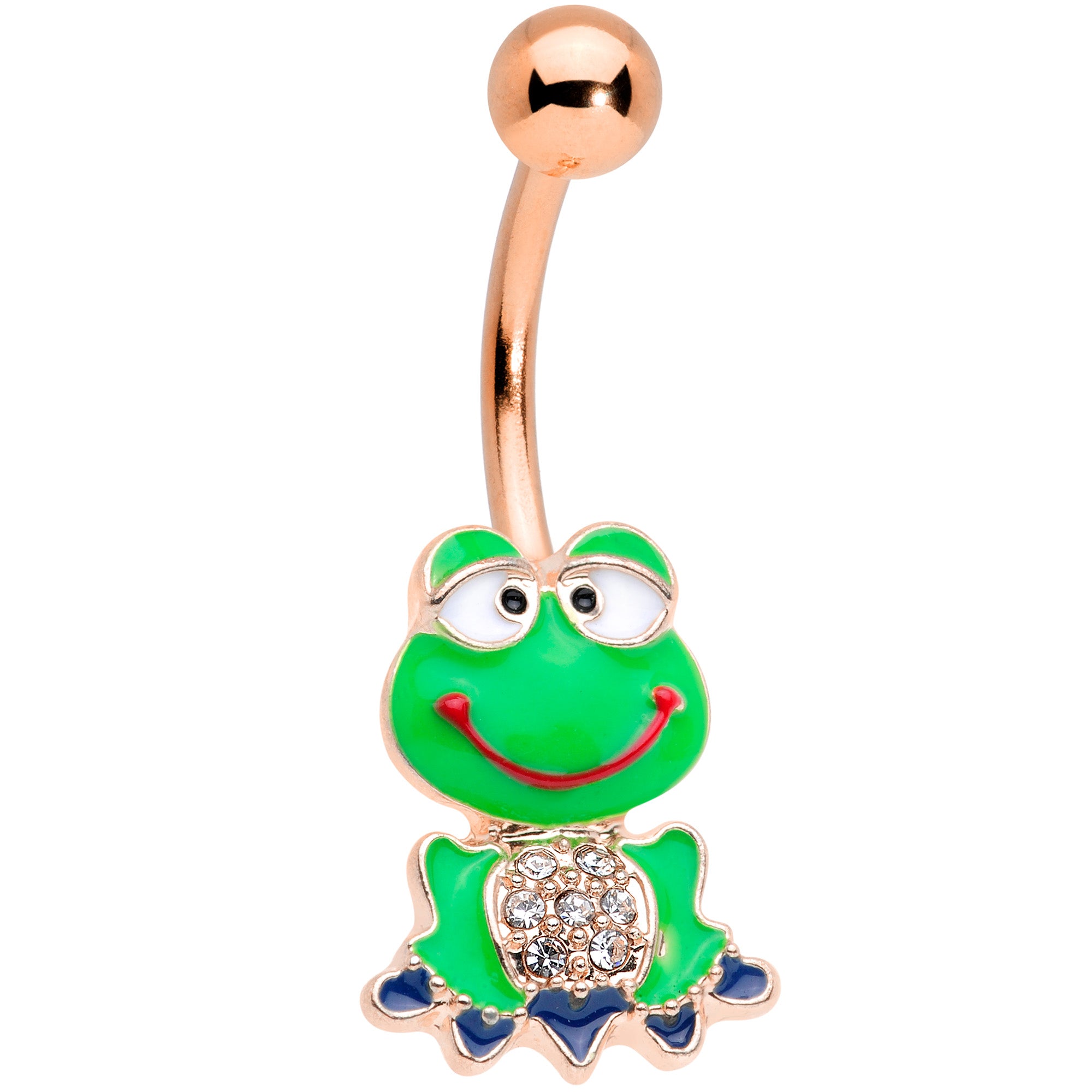 Clear Gem Rose Gold Tone Green Goofy Frog Belly Ring