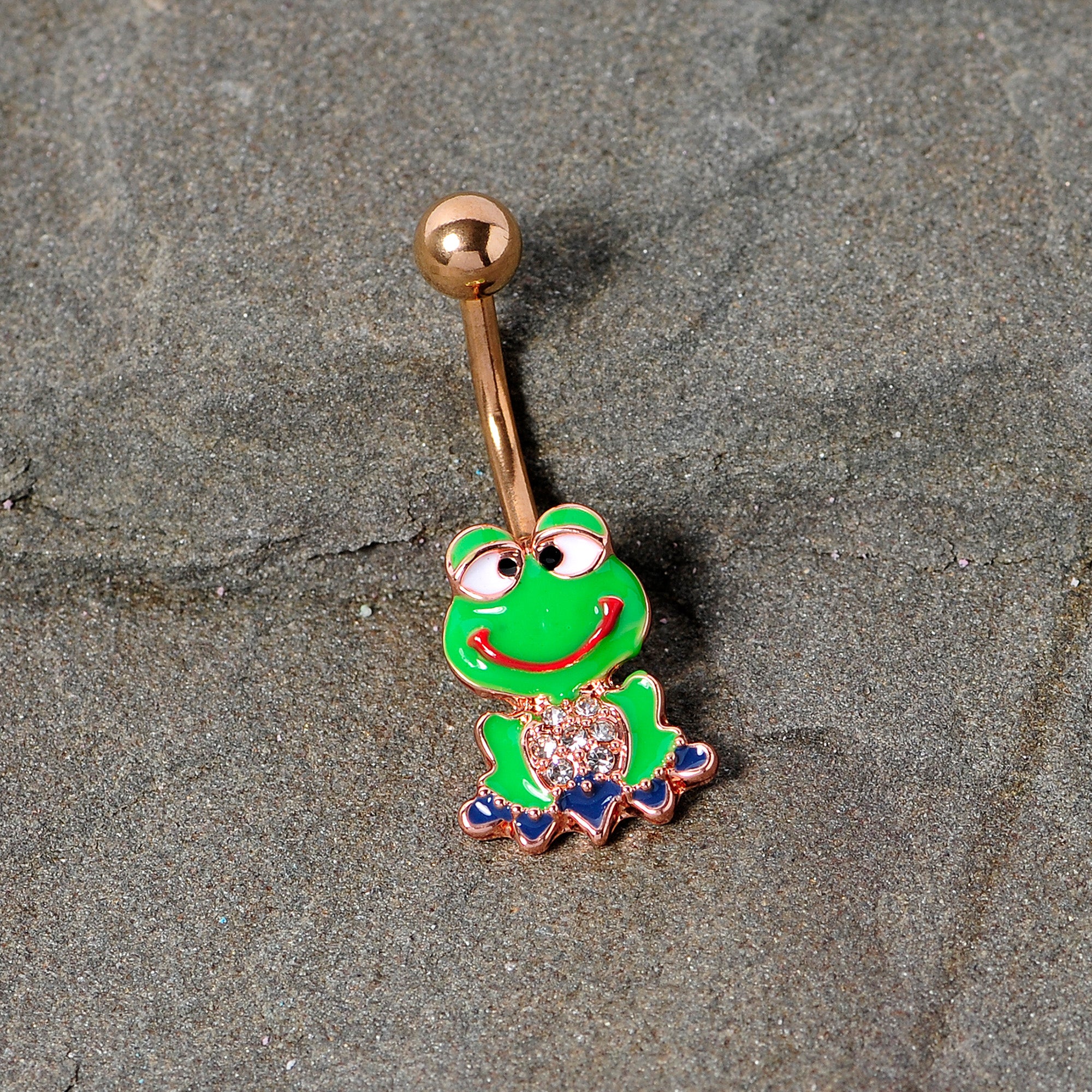 Clear Gem Rose Gold Tone Green Goofy Frog Belly Ring