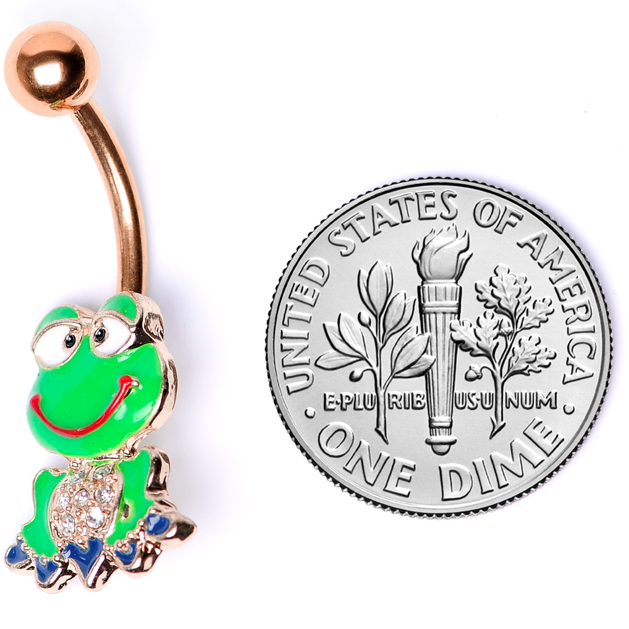 Clear Gem Rose Gold Tone Green Goofy Frog Belly Ring