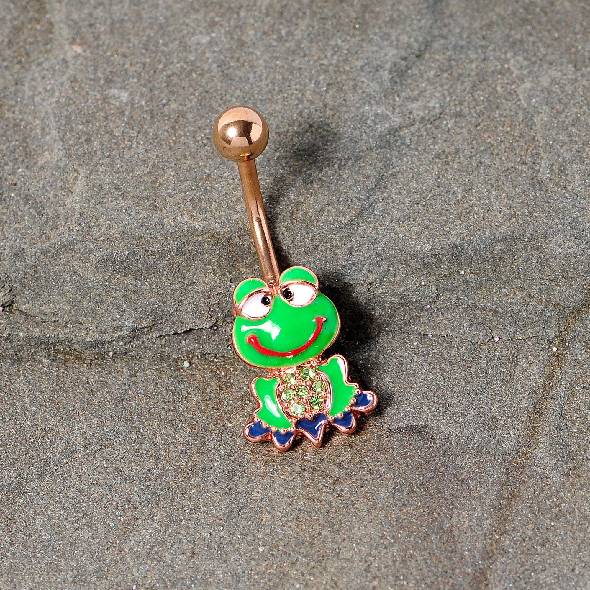 Green Gem Rose Gold Tone Green Goofy Frog Belly Ring