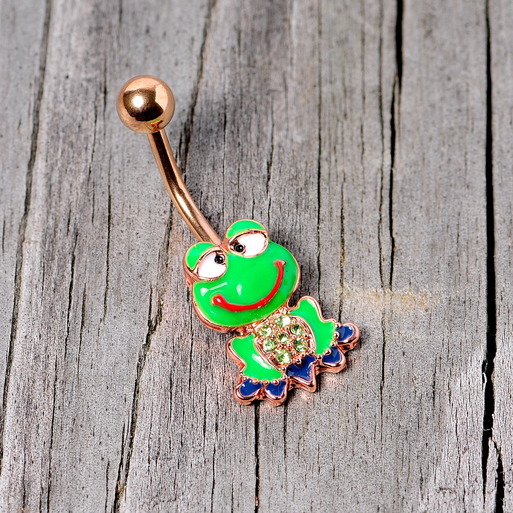 Green Gem Rose Gold Tone Green Goofy Frog Belly Ring