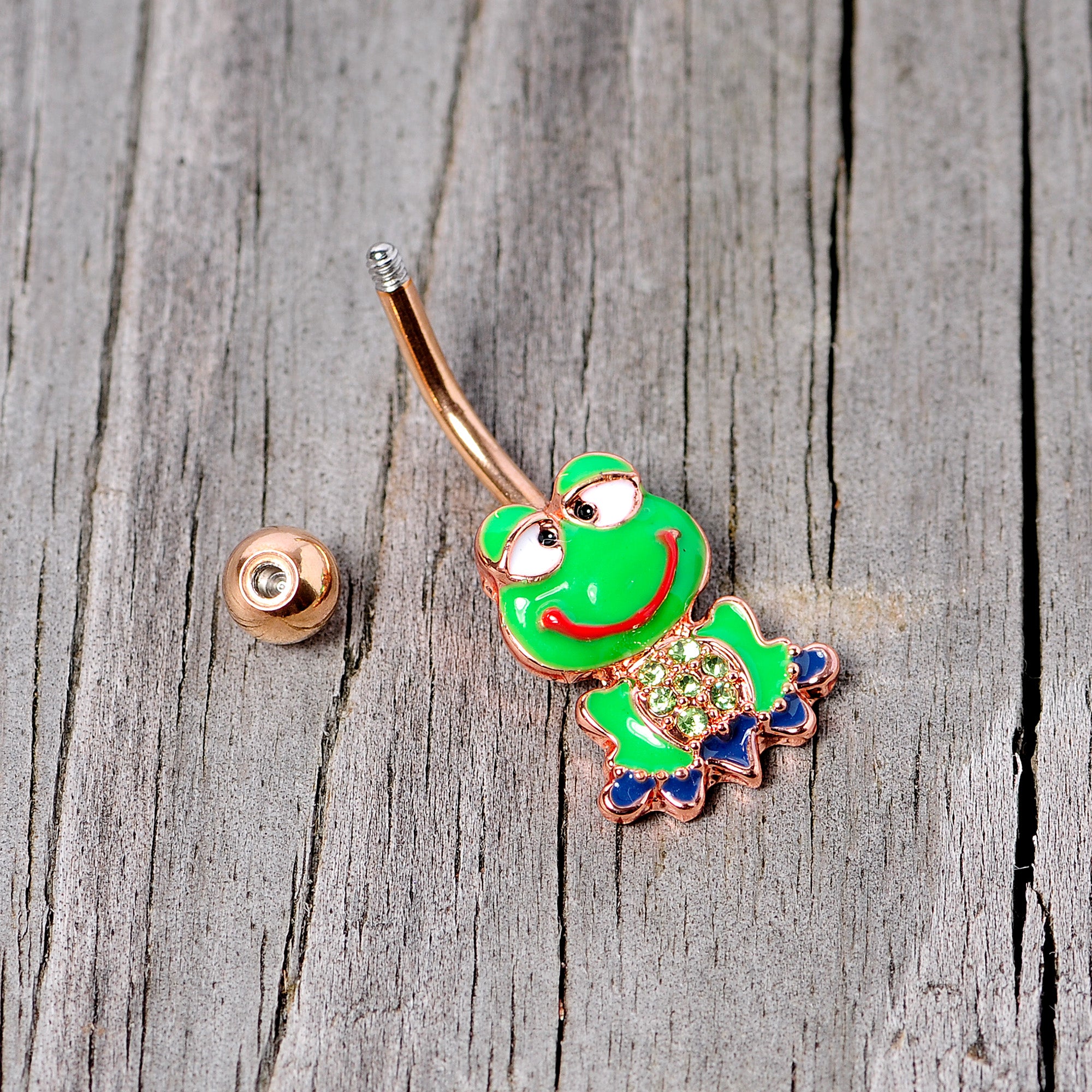 Green Gem Rose Gold Tone Green Goofy Frog Belly Ring