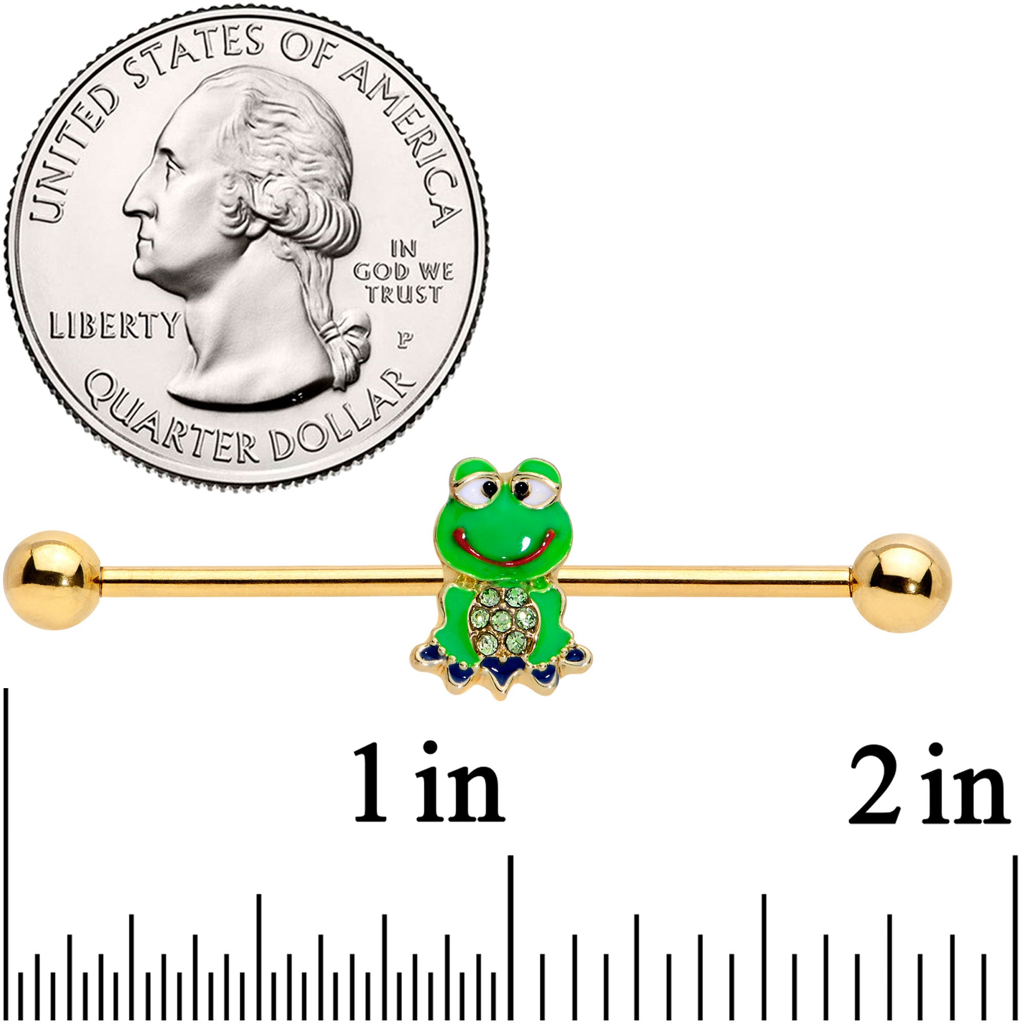 14 Gauge Green Gem Gold Tone Green Goofy Frog Industrial Barbell 38mm