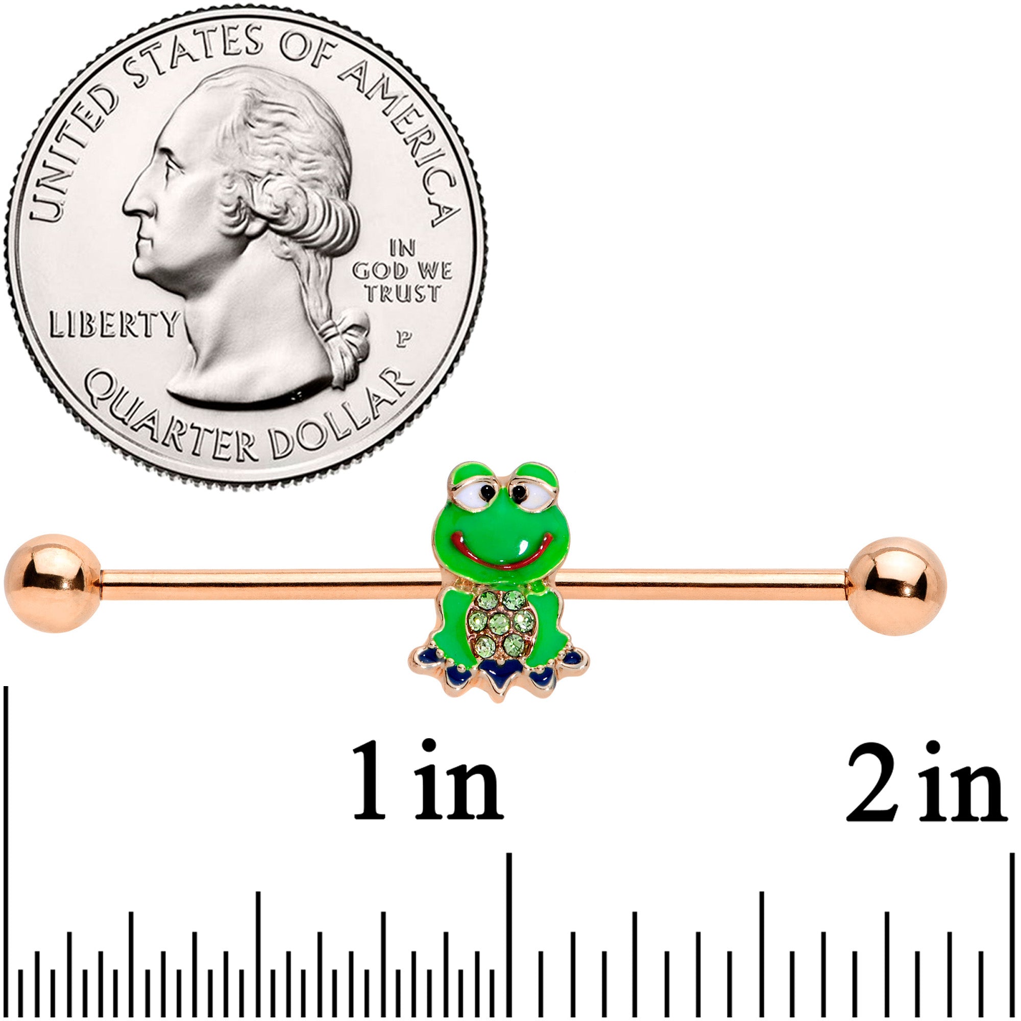 14 Gauge Green Gem Rose Gold Tone Green Frog Industrial Barbell 38mm