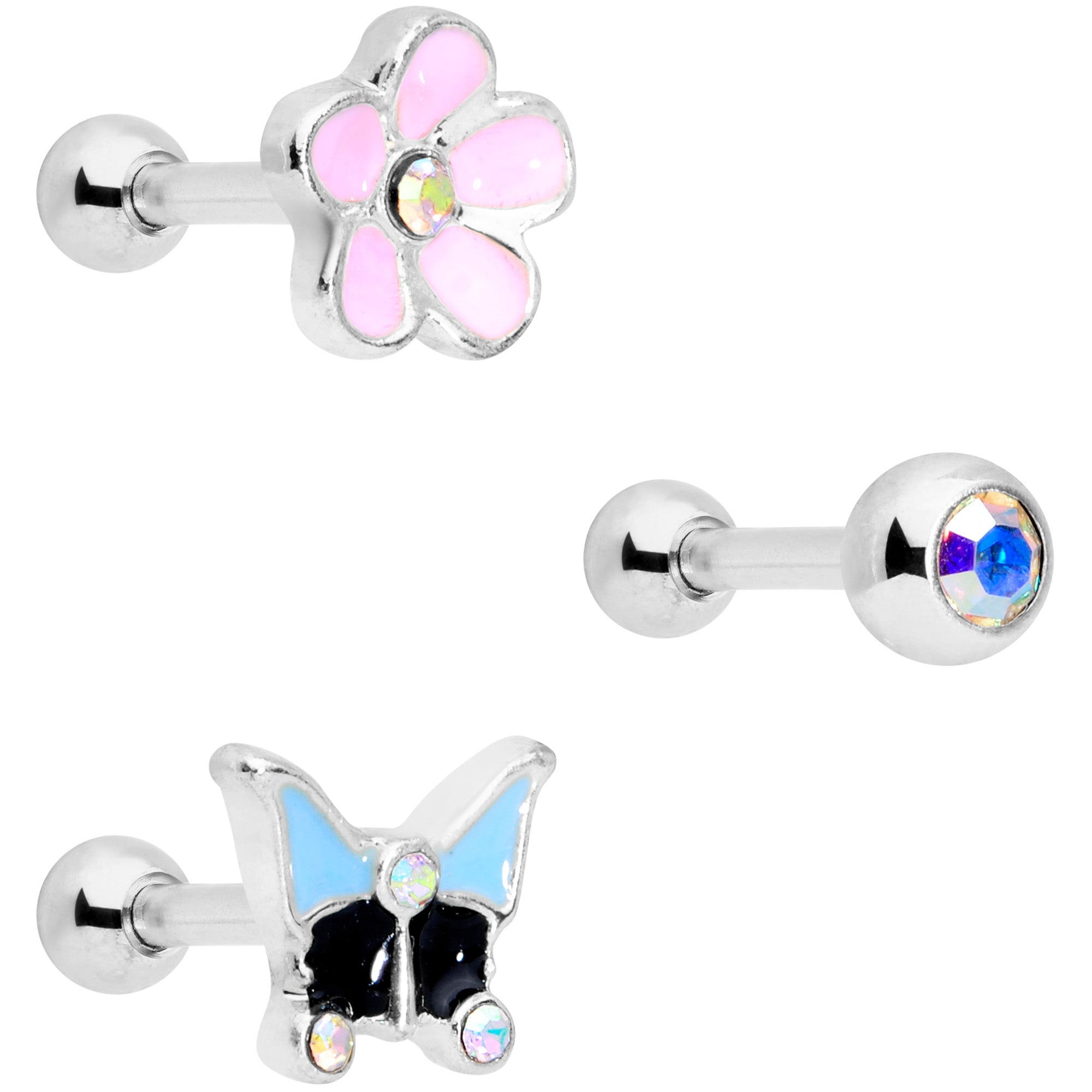 16 Gauge 1/4 Aurora Gem Flower Cartilage Tragus Set of 3