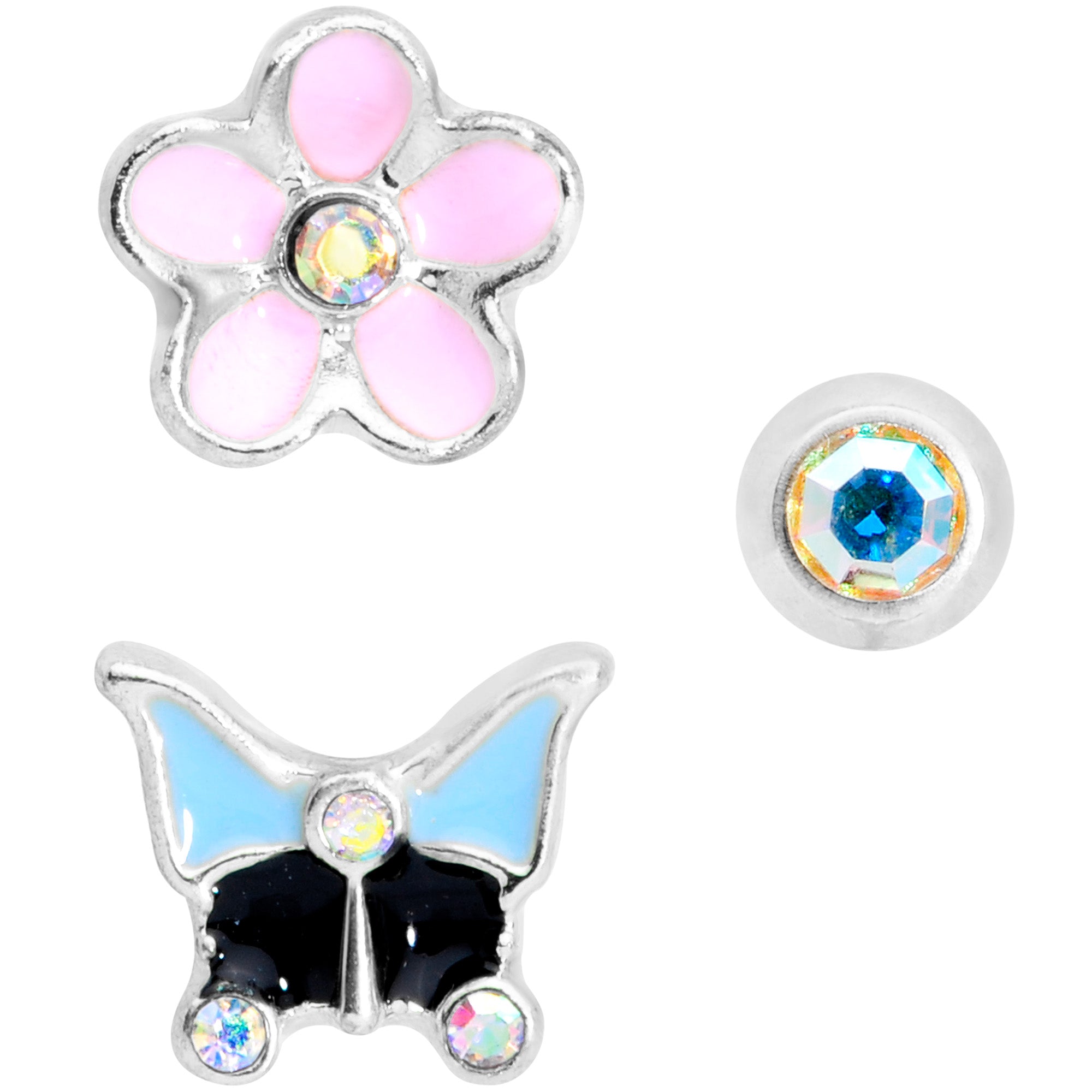 16 Gauge 1/4 Aurora Gem Flower Cartilage Tragus Set of 3