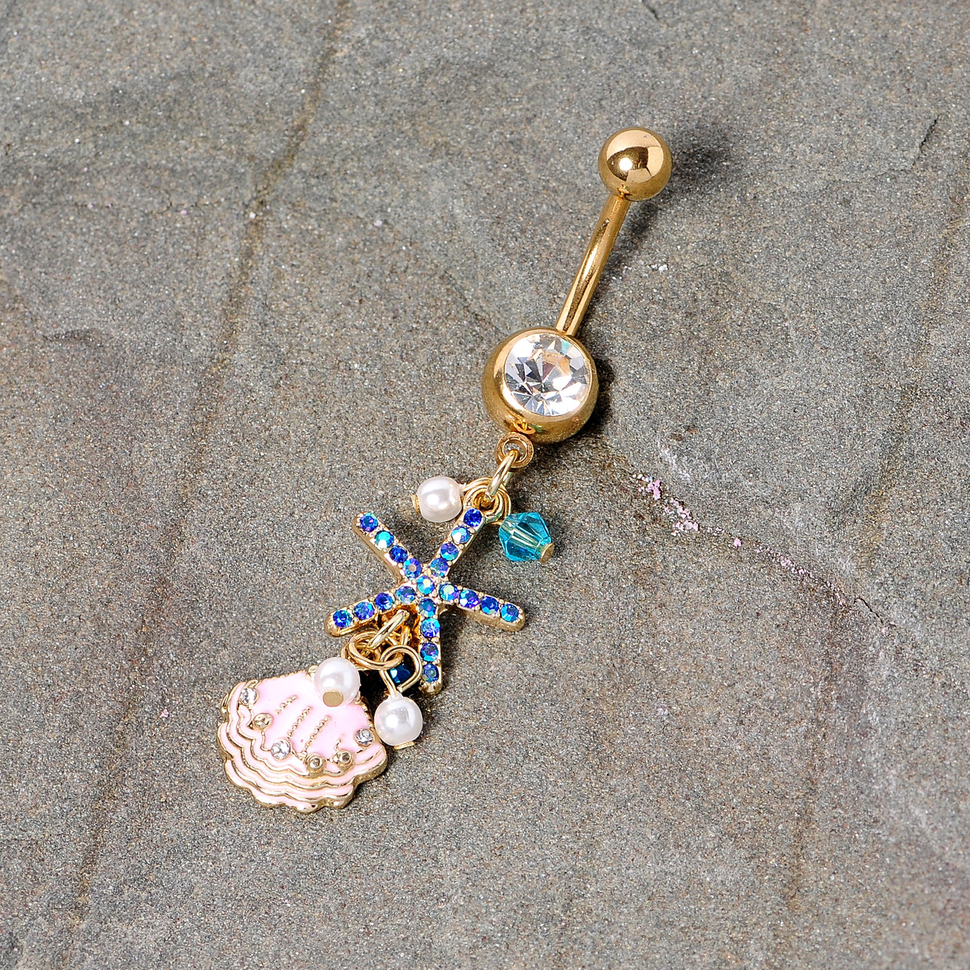 Clear Blue Gem Gold Tone Ocean Treasure Nautical Dangle Belly Ring