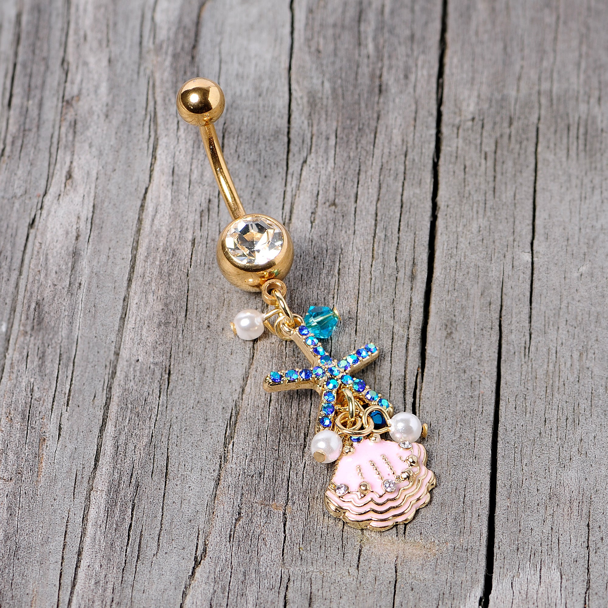 Clear Blue Gem Gold Tone Ocean Treasure Nautical Dangle Belly Ring