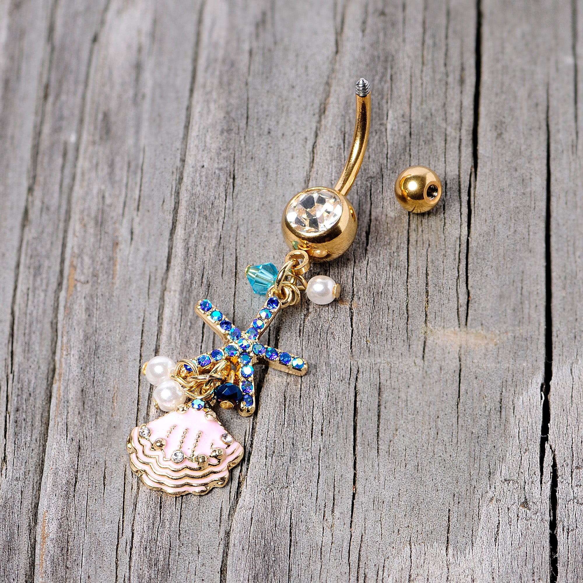 Clear Blue Gem Gold Tone Ocean Treasure Nautical Dangle Belly Ring