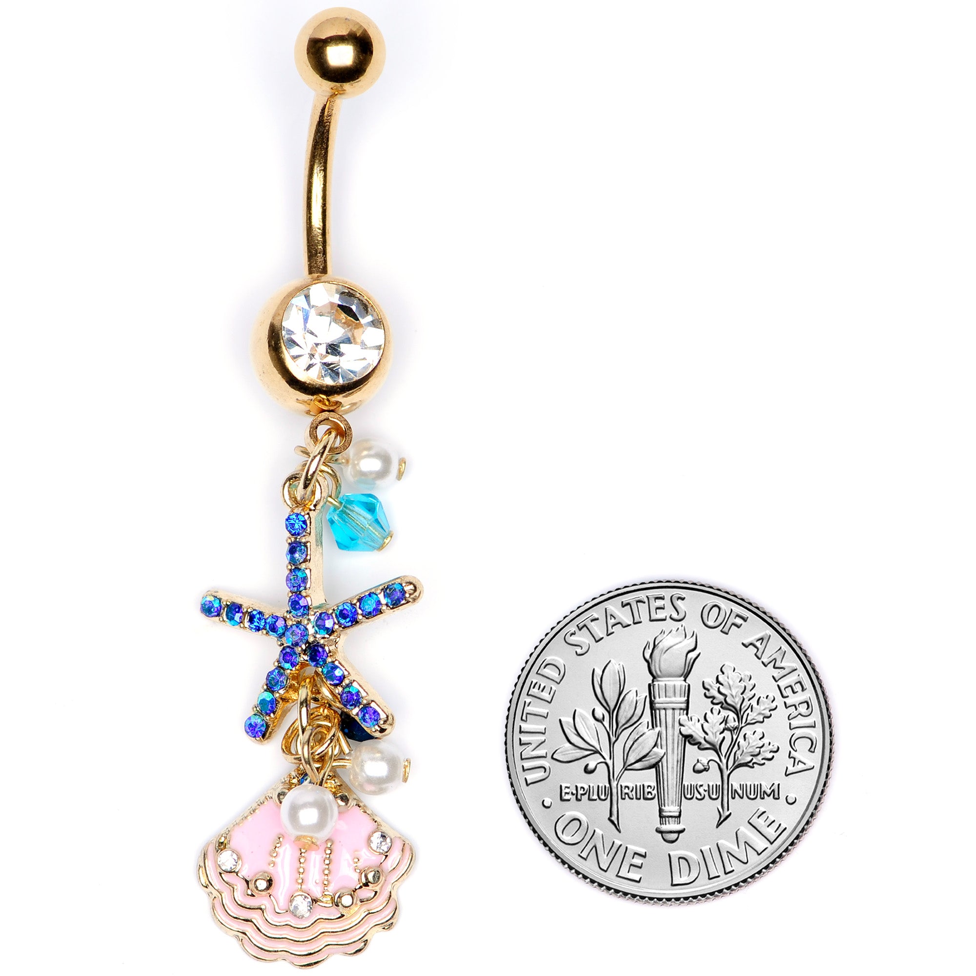 Clear Blue Gem Gold Tone Ocean Treasure Nautical Dangle Belly Ring