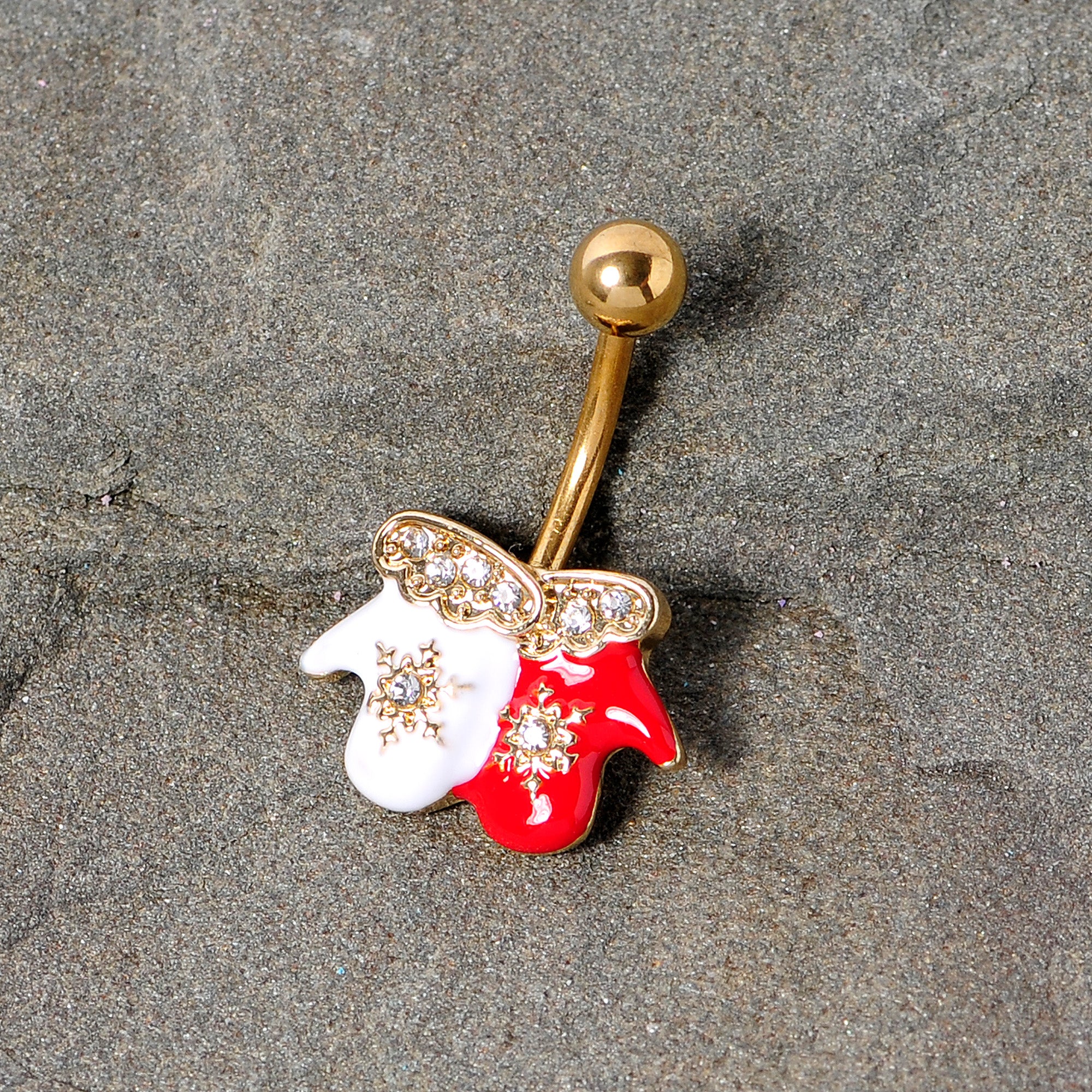 Clear Gem Gold Tone Winter Mittens Snowflake Christmas Belly Ring