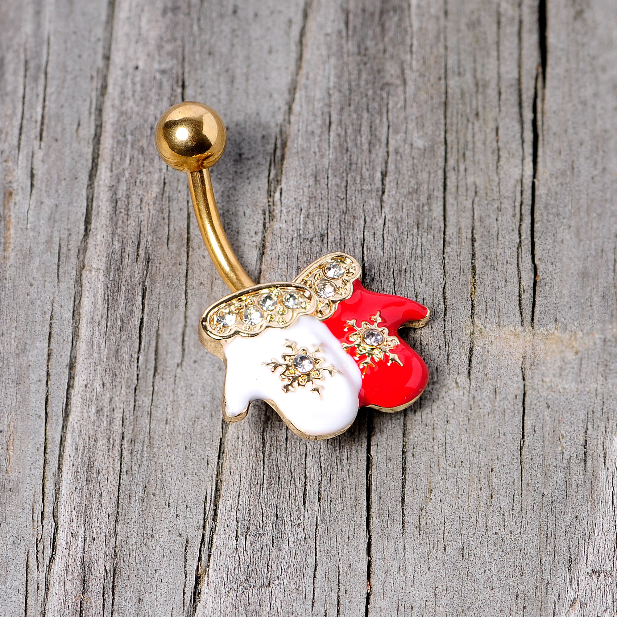 Clear Gem Gold Tone Winter Mittens Snowflake Christmas Belly Ring