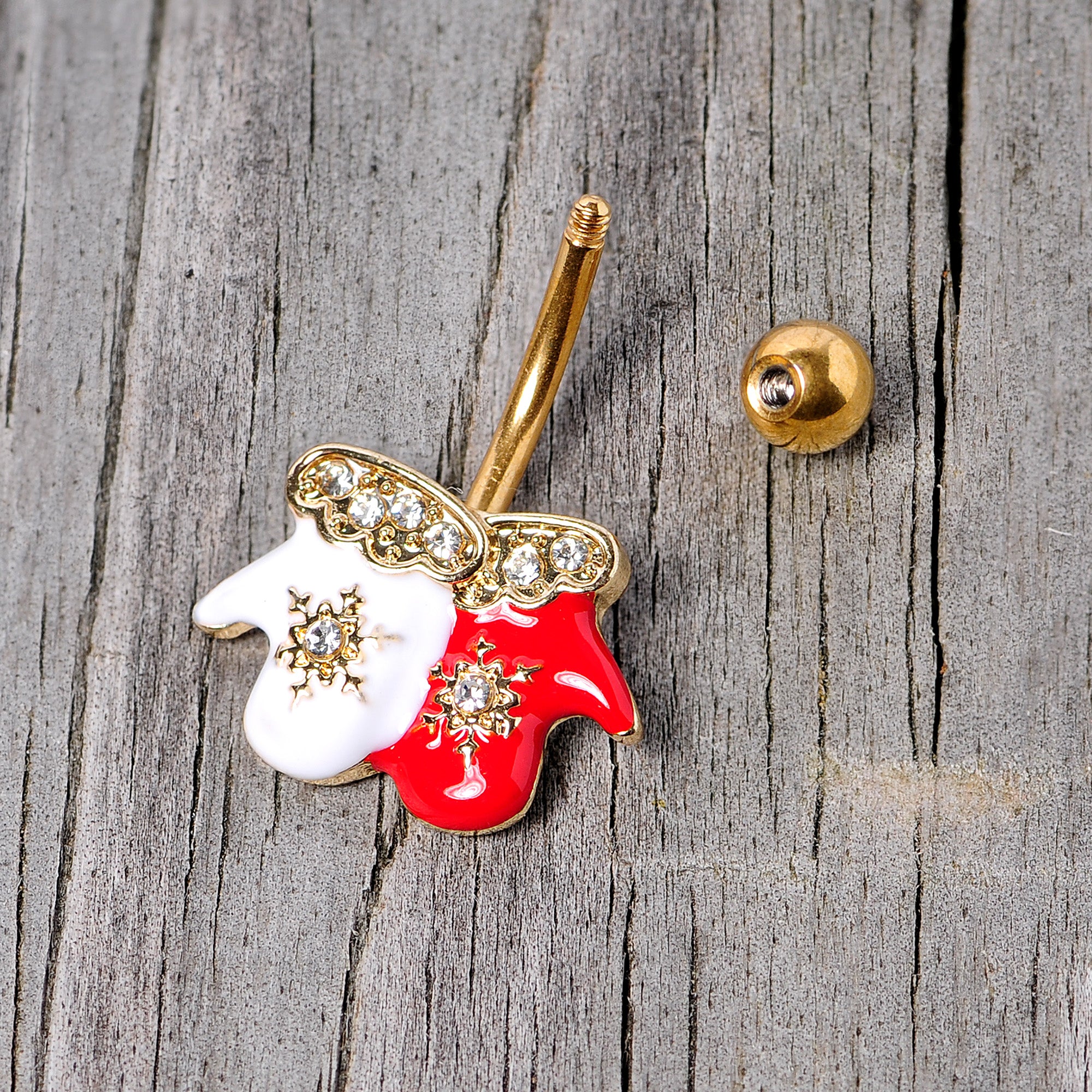 Clear Gem Gold Tone Winter Mittens Snowflake Christmas Belly Ring