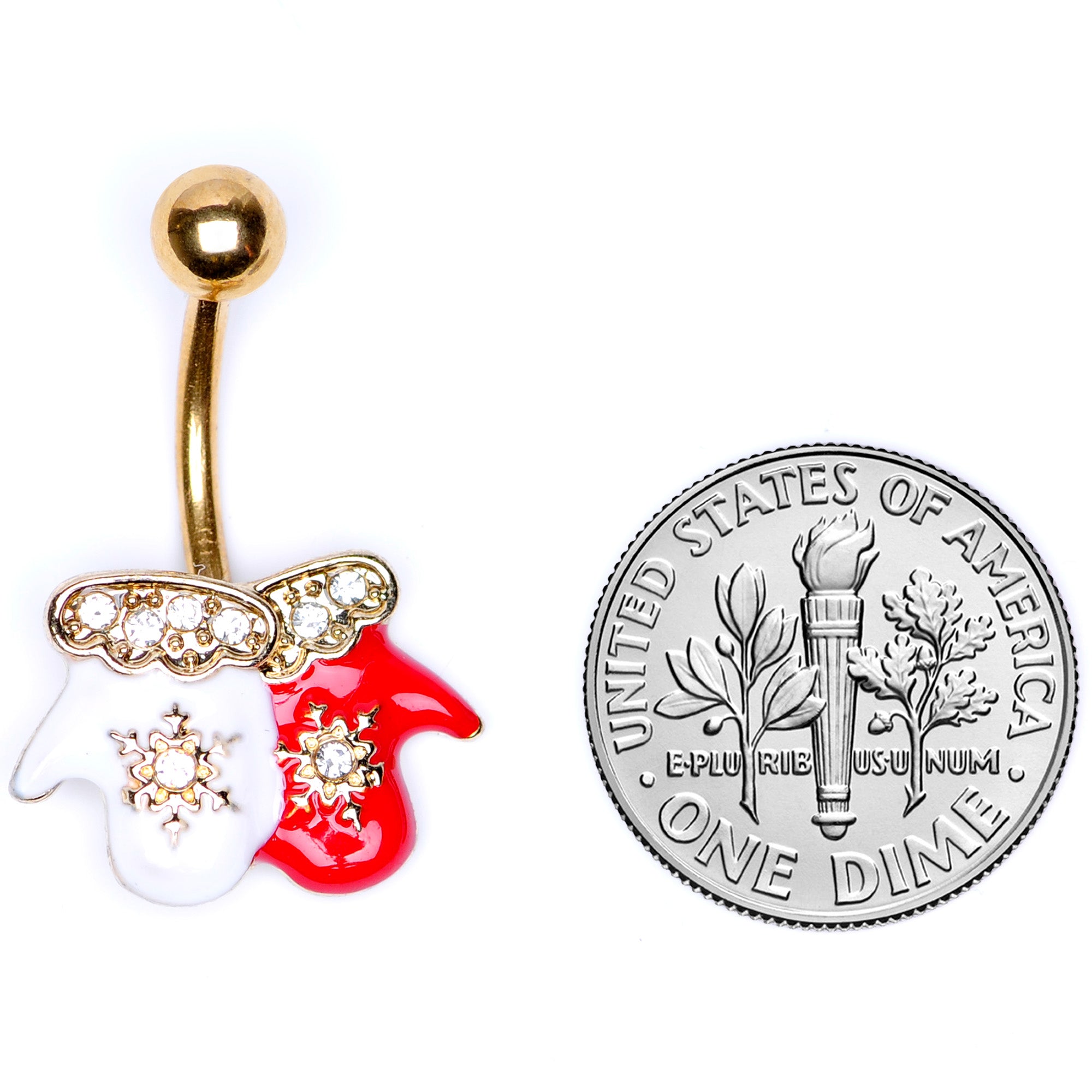 Clear Gem Gold Tone Winter Mittens Snowflake Christmas Belly Ring