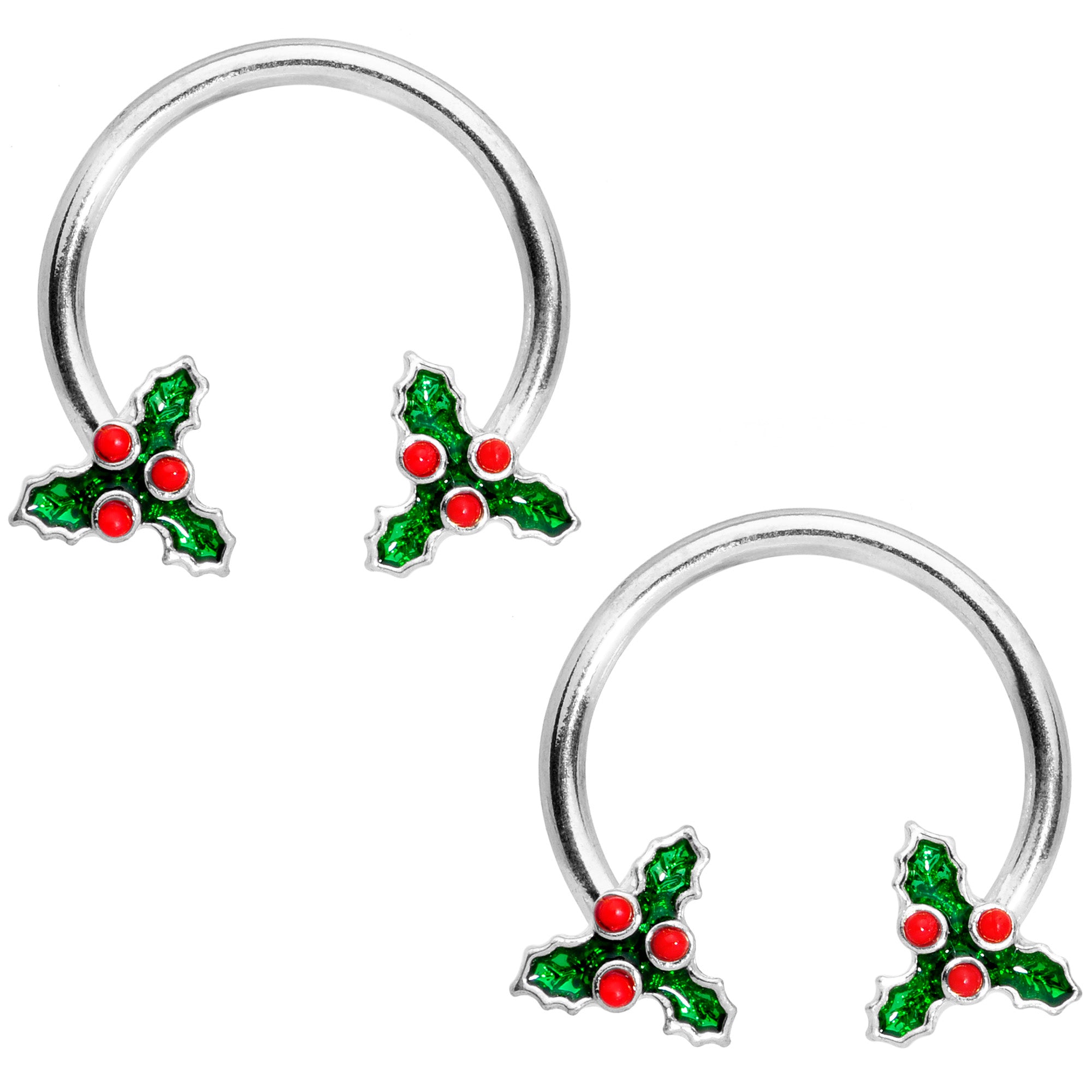 14 Gauge 9/16 Holly Christmas Horseshoe Nipple Ring Set