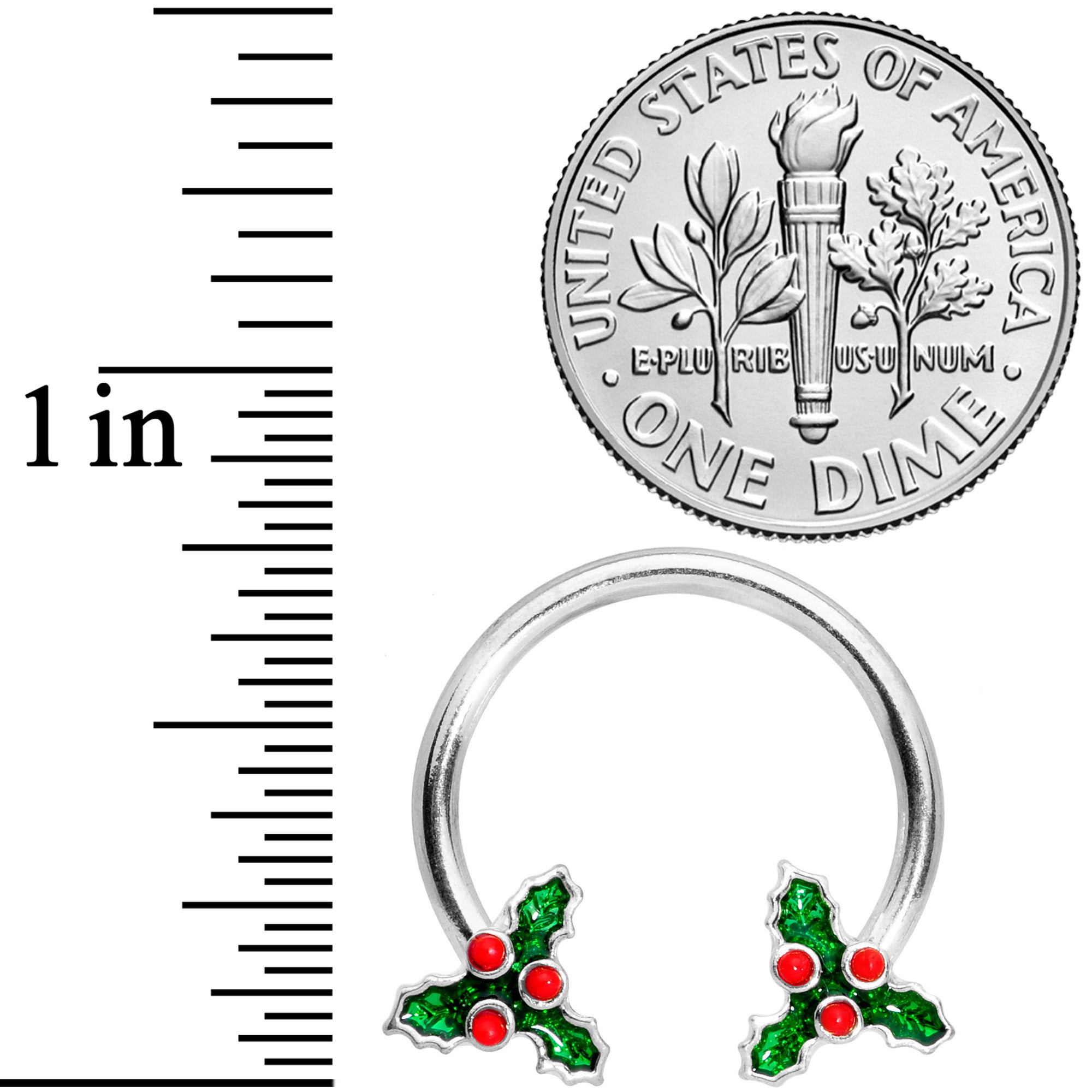 14 Gauge 9/16 Holly Christmas Horseshoe Nipple Ring Set