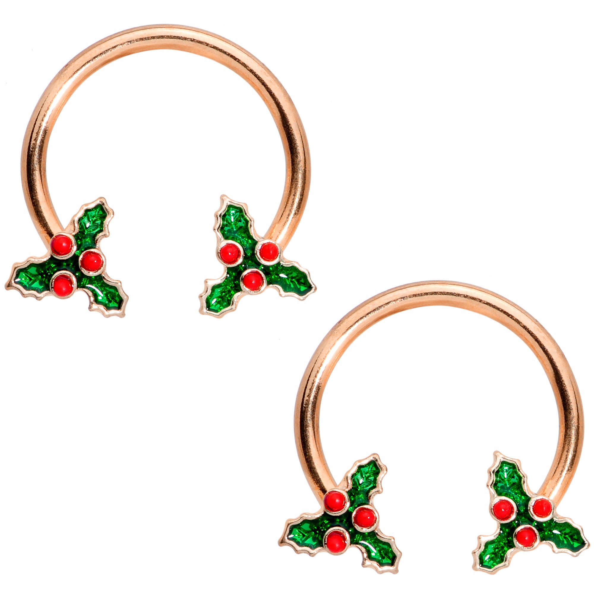 14 Gauge 9/16 Rose Gold Tone Holly Christmas Horseshoe Nipple Ring Set