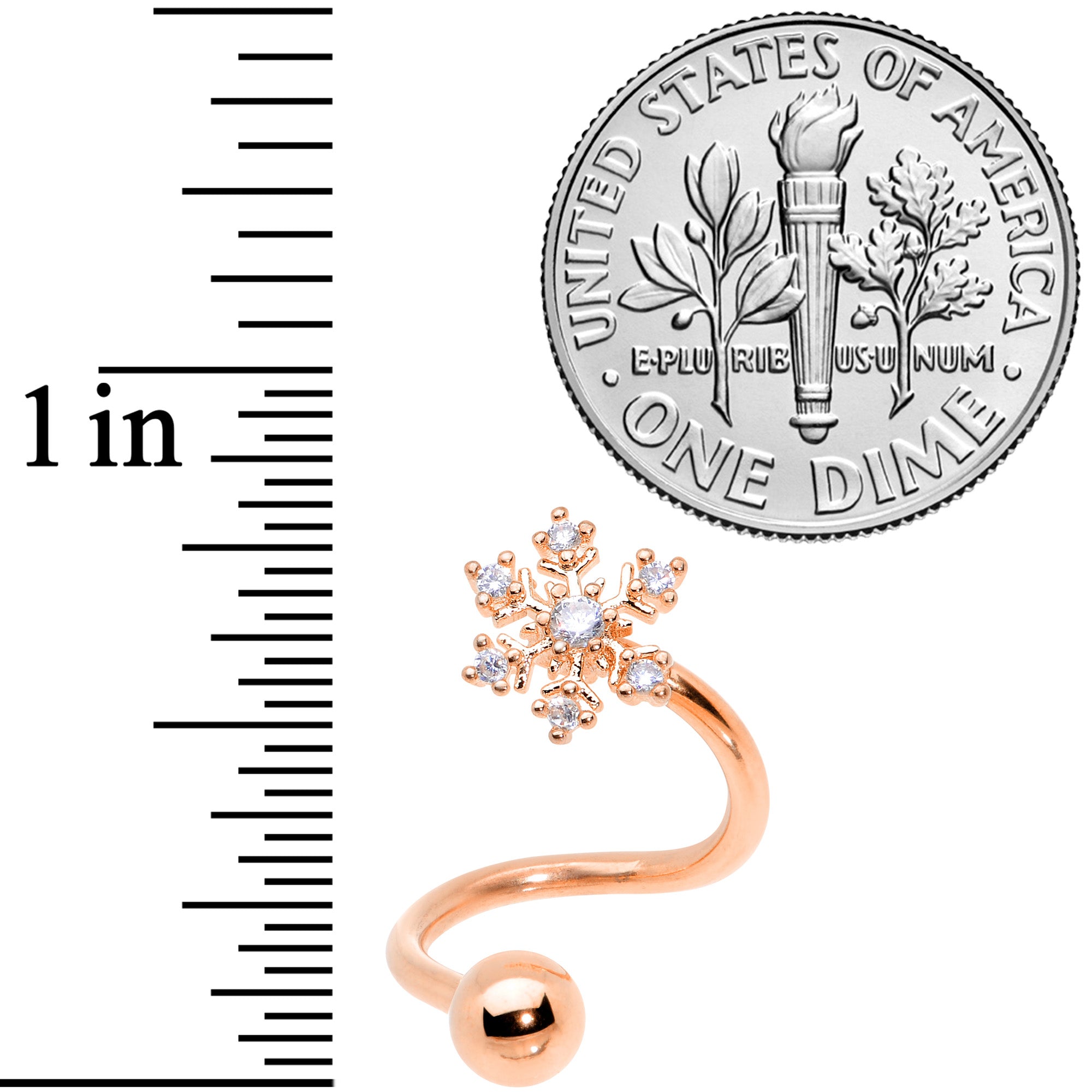 14 Gauge 3/8 Clear CZ Gem Rose Gold Tone Snowflake Spiral Belly Ring