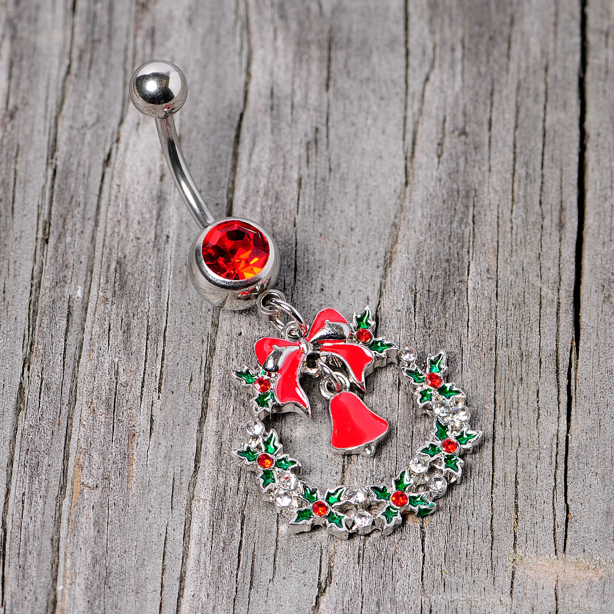 Red Gem Holiday Bell Wreath Christmas Dangle Belly Ring