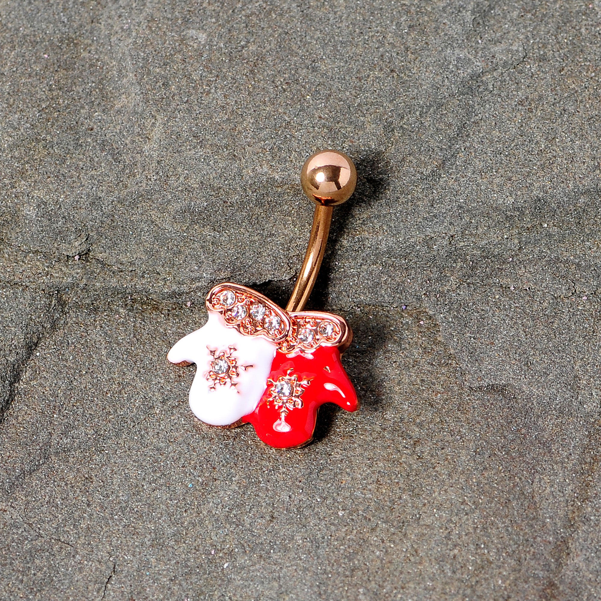 Clear Gem Rose Gold Tone Winter Mittens Snowflake Christmas Belly Ring