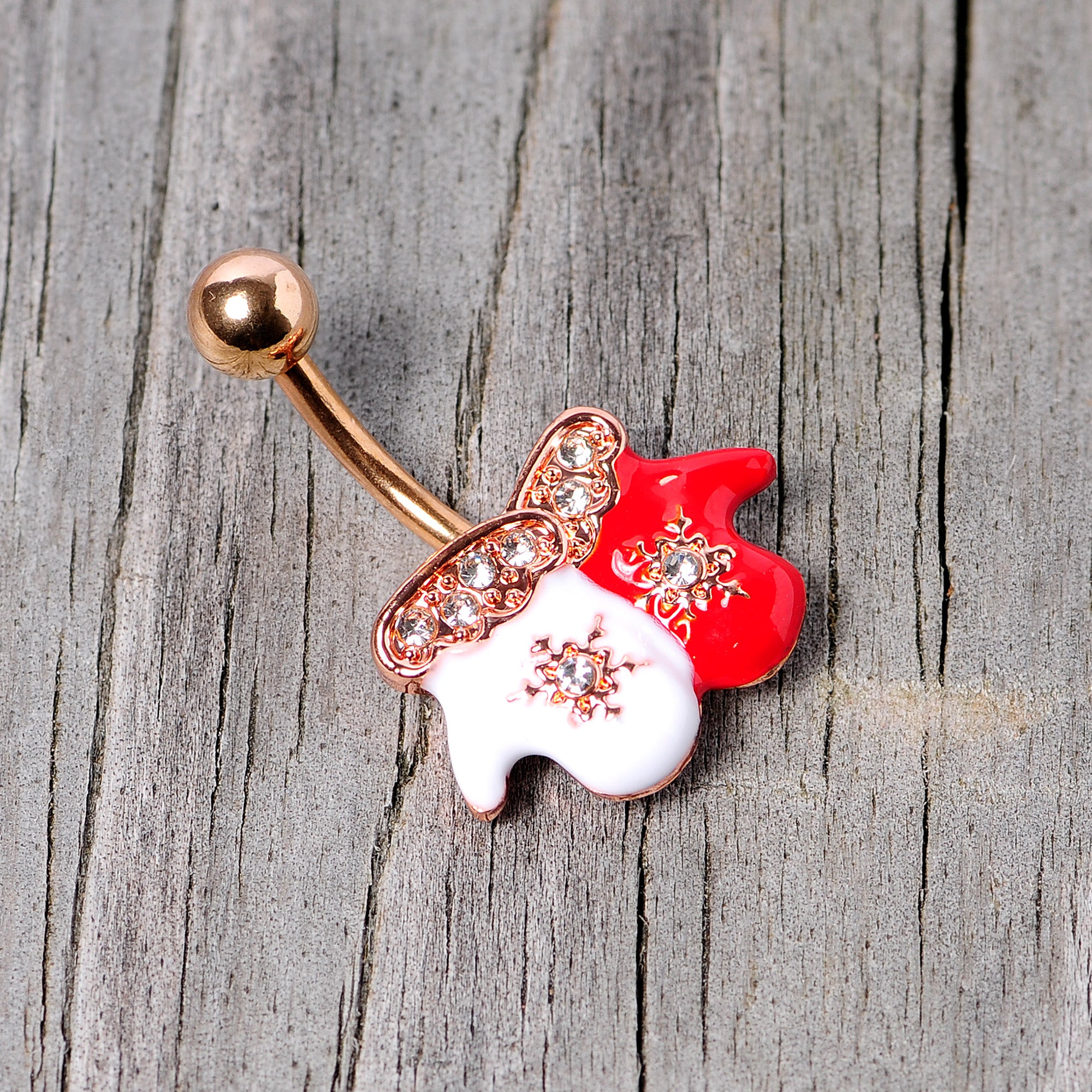 Clear Gem Rose Gold Tone Winter Mittens Snowflake Christmas Belly Ring