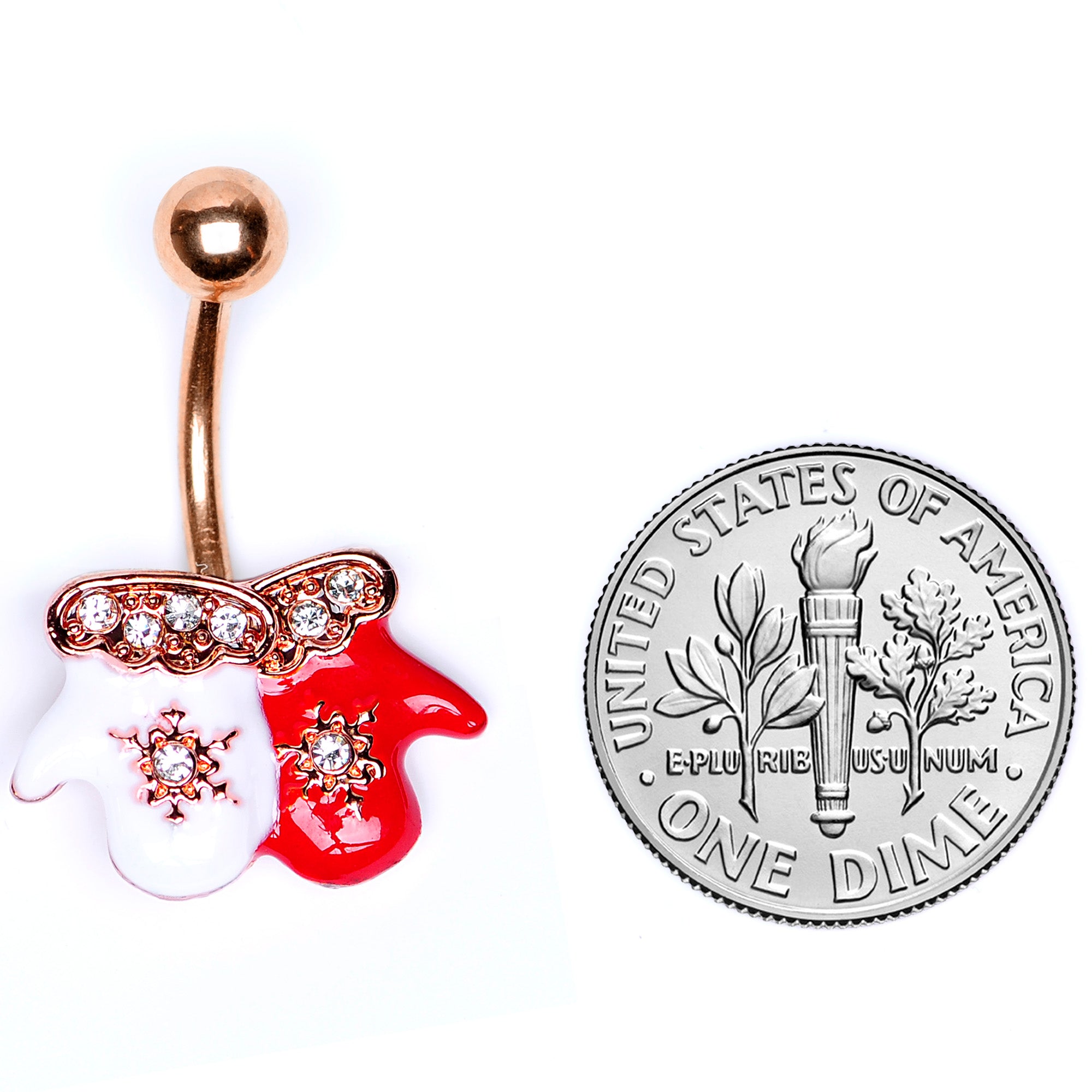 Clear Gem Rose Gold Tone Winter Mittens Snowflake Christmas Belly Ring