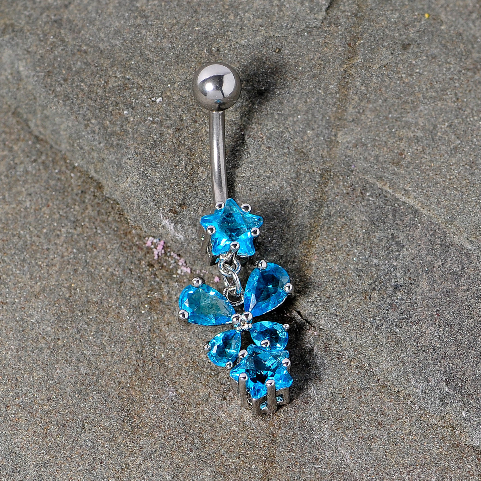 Blue Gem Star and Bow Dangle Belly Ring