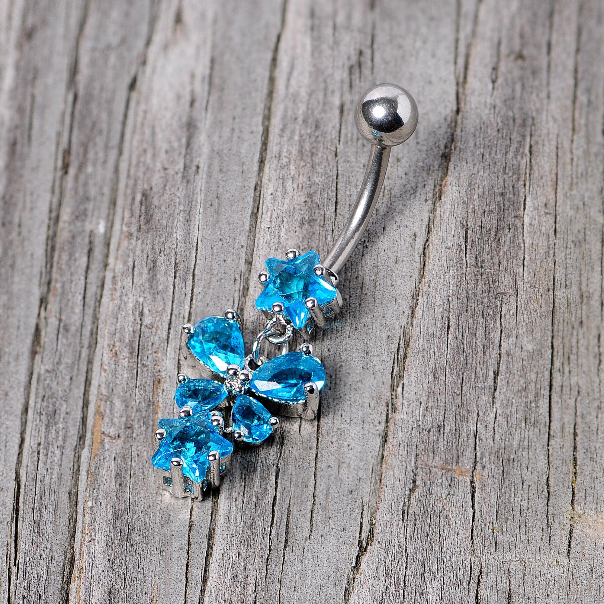 Blue Gem Star and Bow Dangle Belly Ring