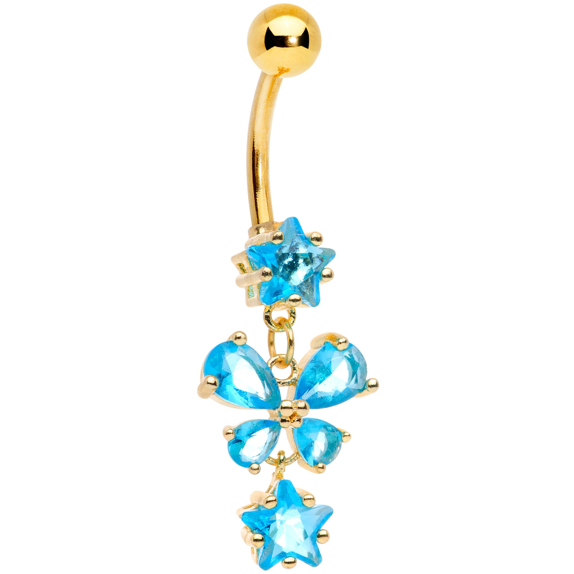 Blue Gem Gold Tone Star and Bow Dangle Belly Ring