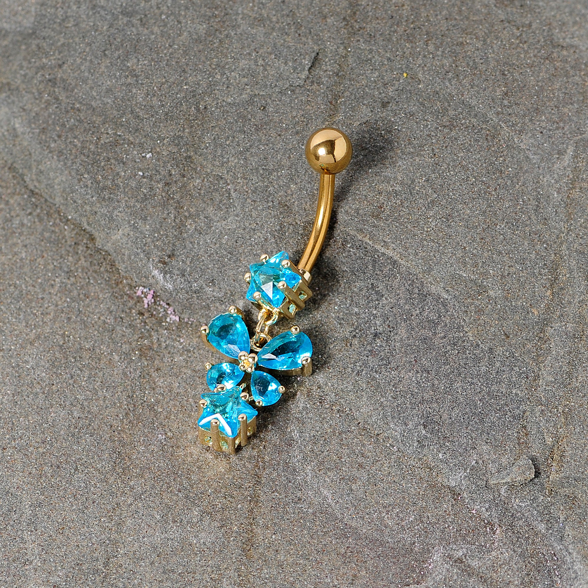 Blue Gem Gold Tone Star and Bow Dangle Belly Ring