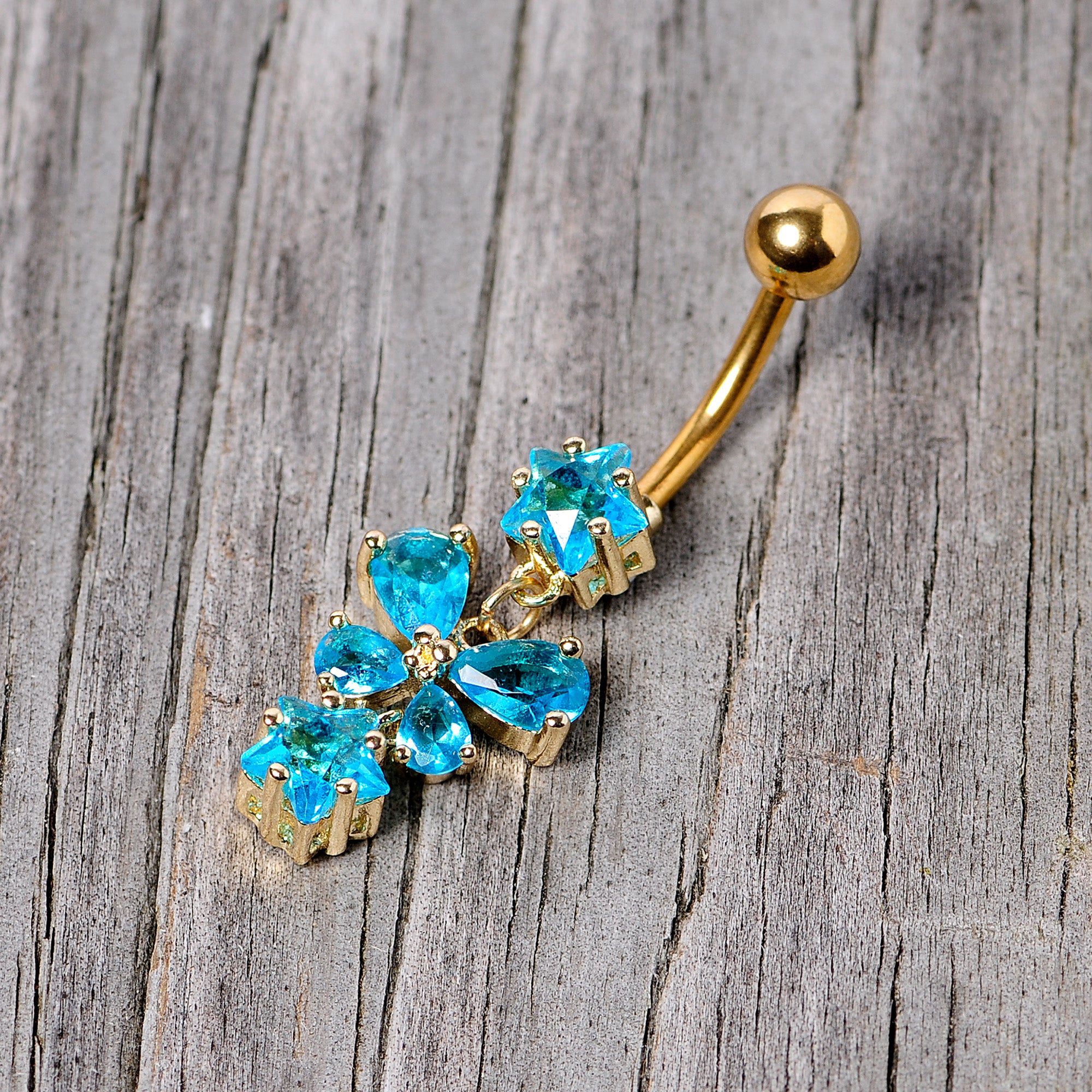 Blue Gem Gold Tone Star and Bow Dangle Belly Ring