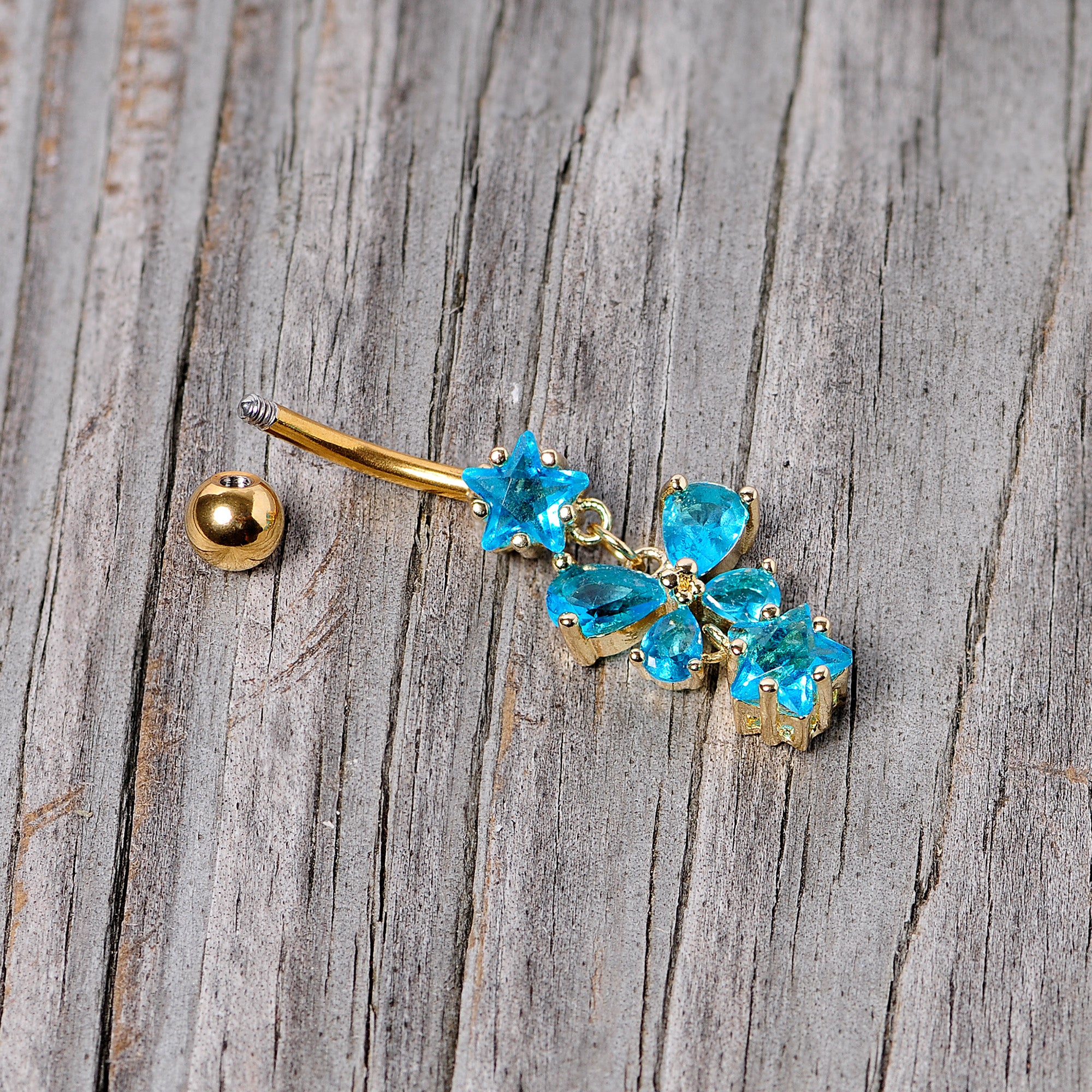 Blue Gem Gold Tone Star and Bow Dangle Belly Ring