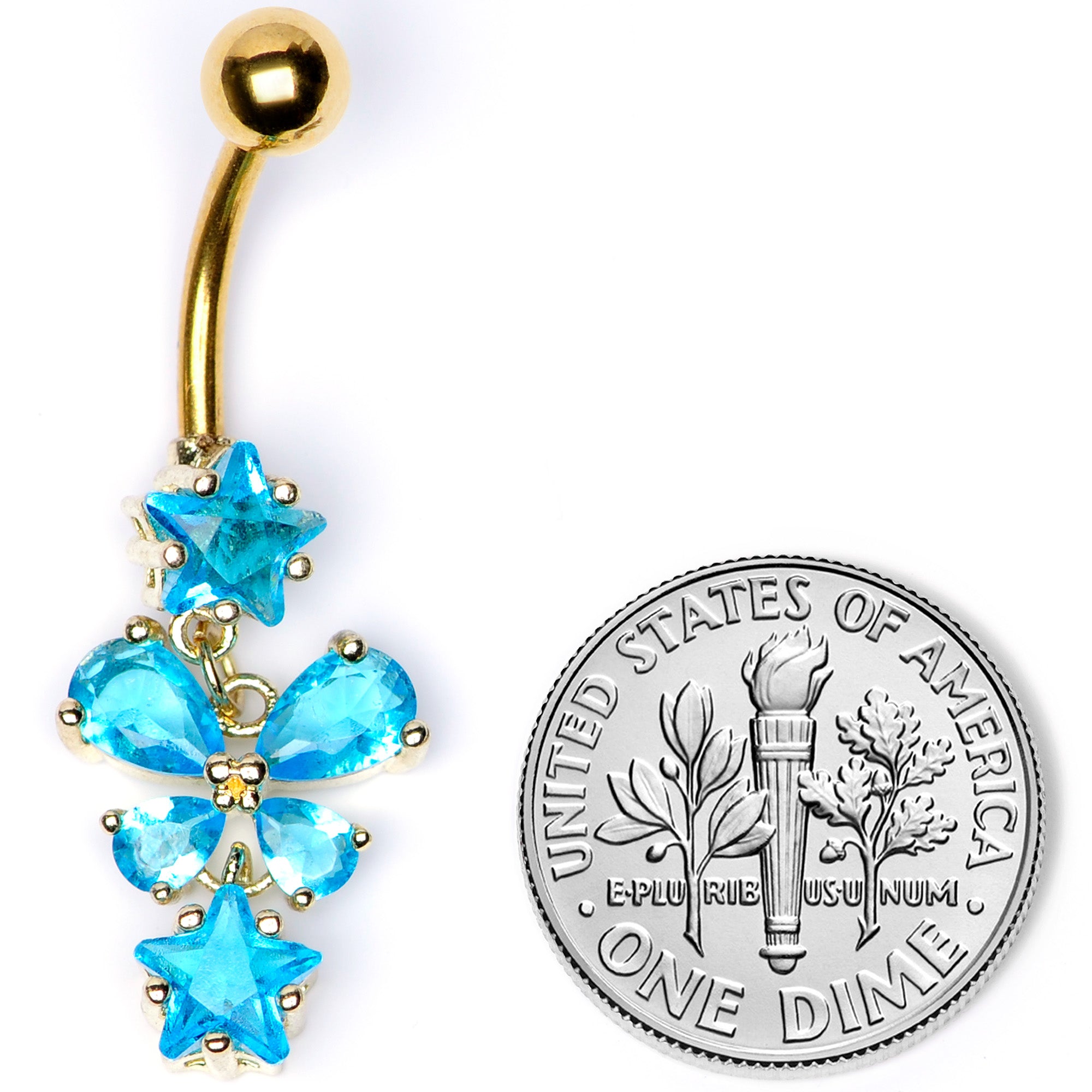 Blue Gem Gold Tone Star and Bow Dangle Belly Ring