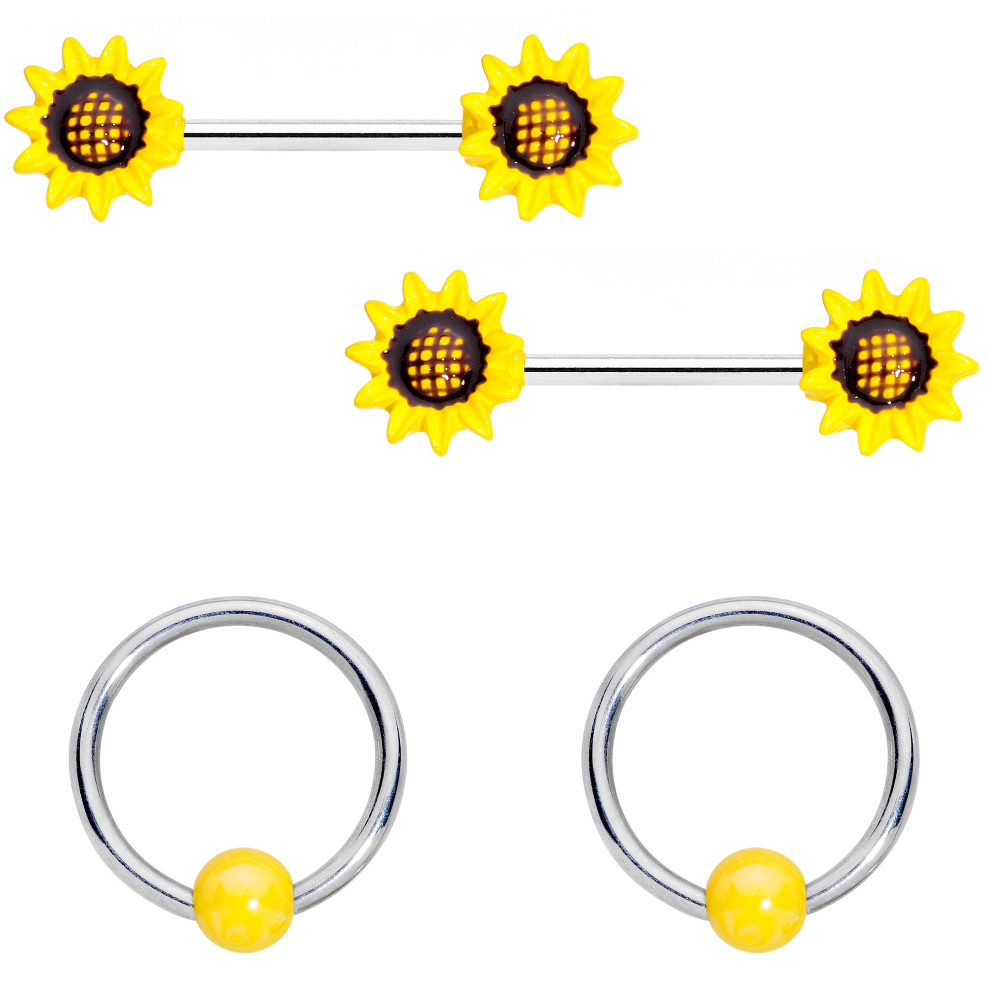 14 Gauge 9/16 1/2 Yellow Sunflower UV BCR Barbell Nipple Ring Set of 4