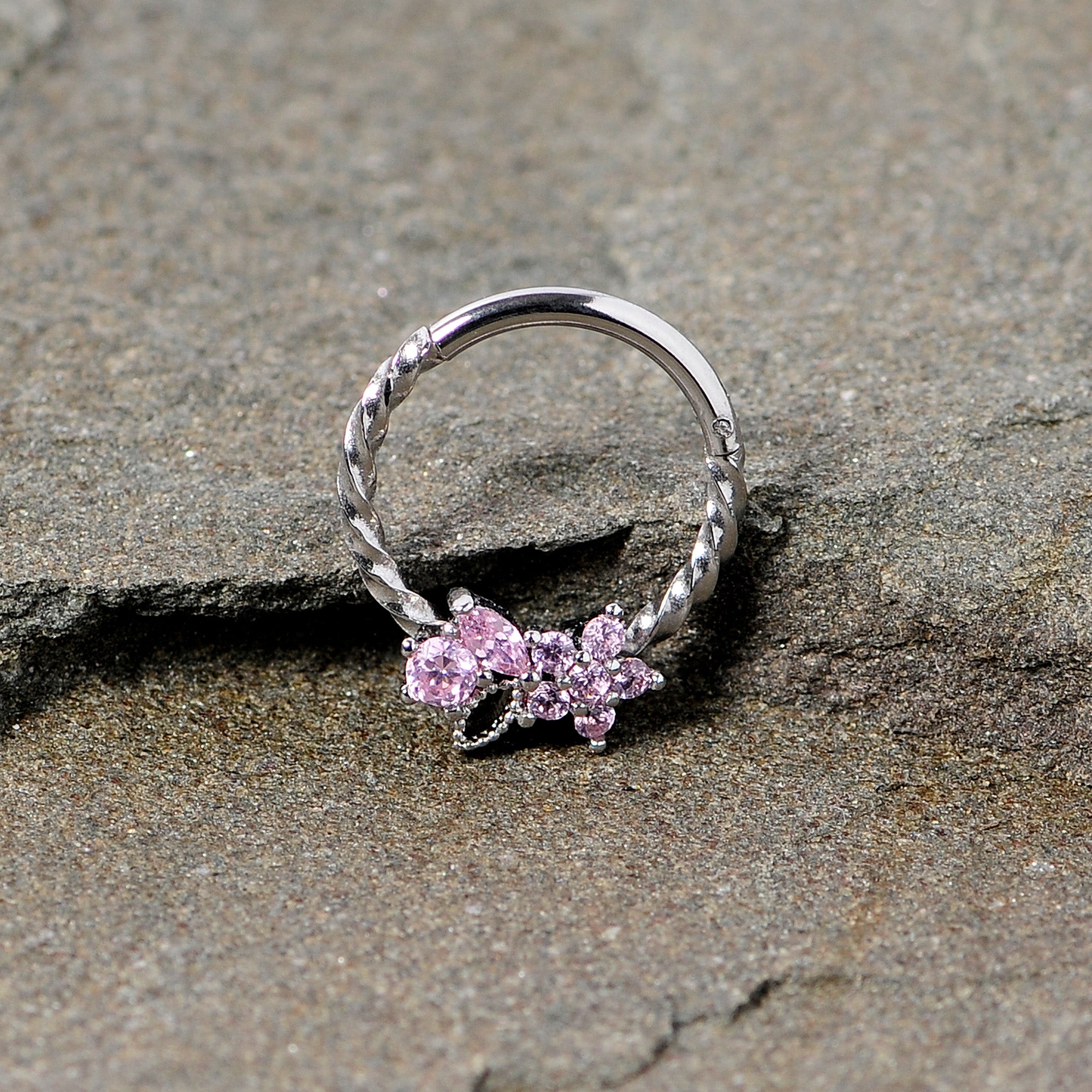 16 Gauge 3/8 Pink Gem Star Twisted Hinged Segment Ring