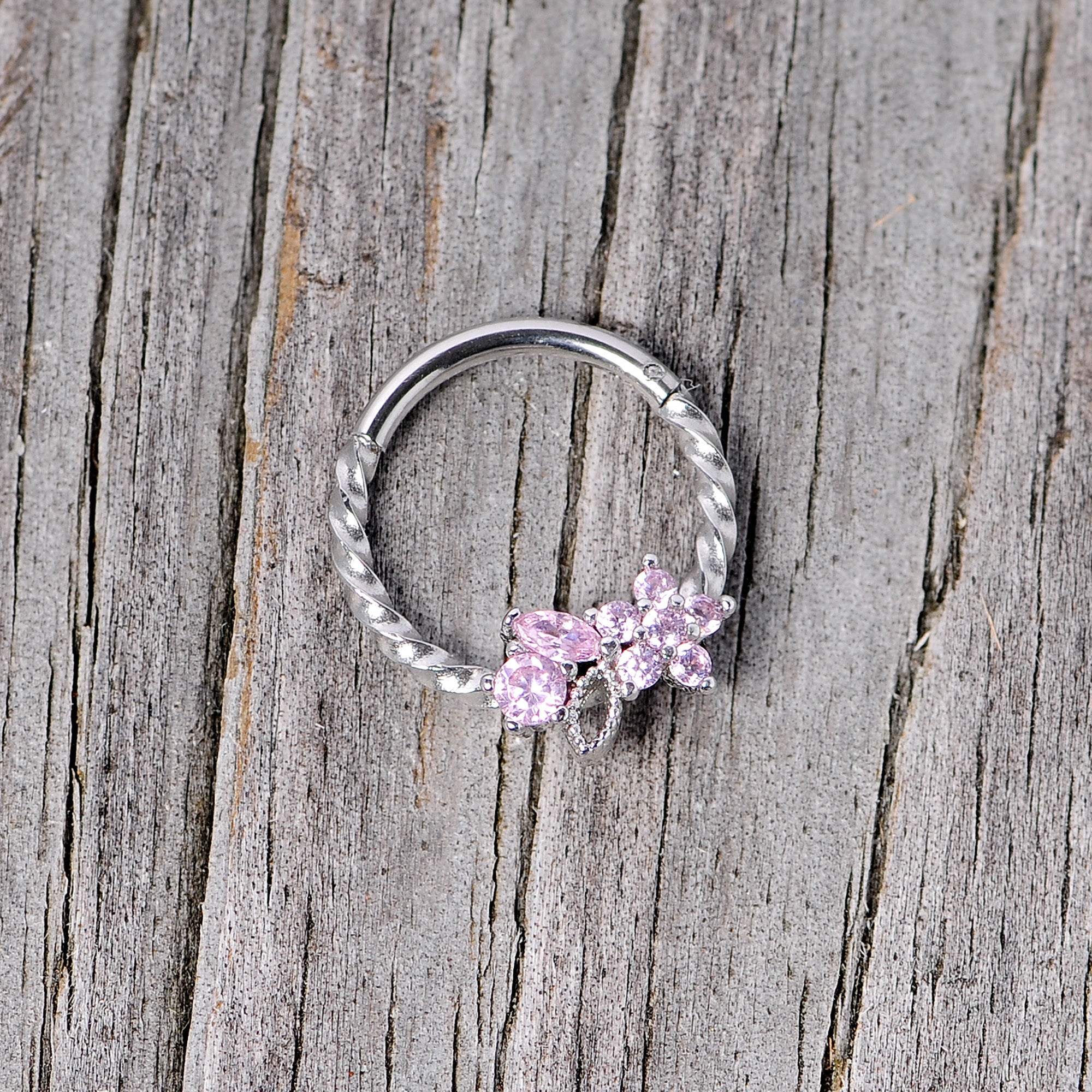 16 Gauge 3/8 Pink Gem Star Twisted Hinged Segment Ring