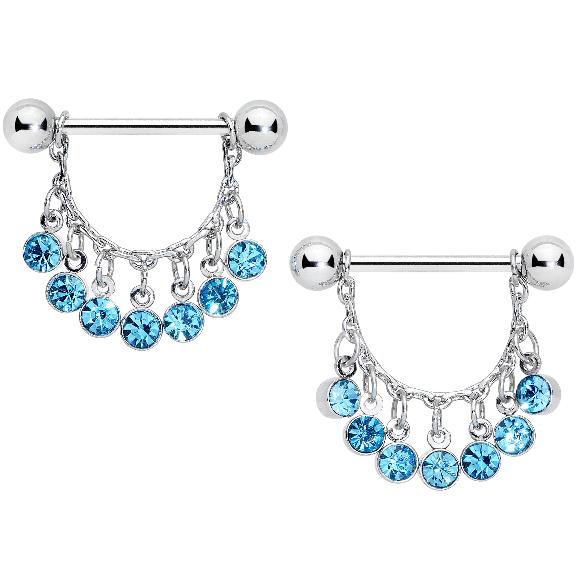 14 Gauge 5/8 Blue Gem Fringe Dangle Barbell Nipple Ring Set