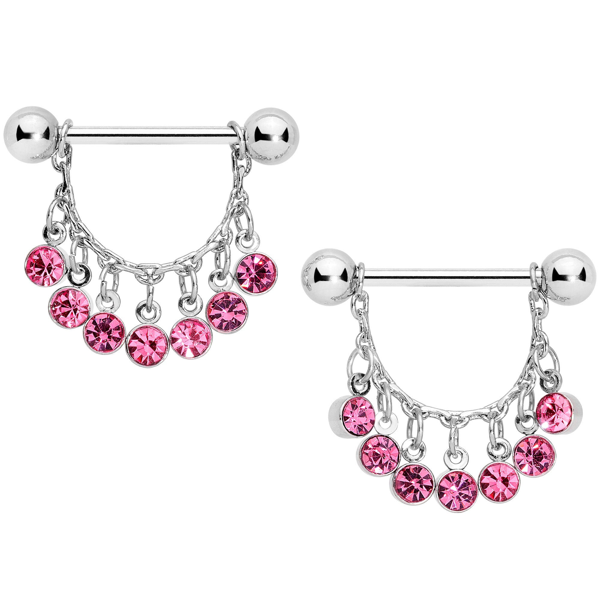 14 Gauge 5/8 Pink Gem Fringe Dangle Barbell Nipple Ring Set