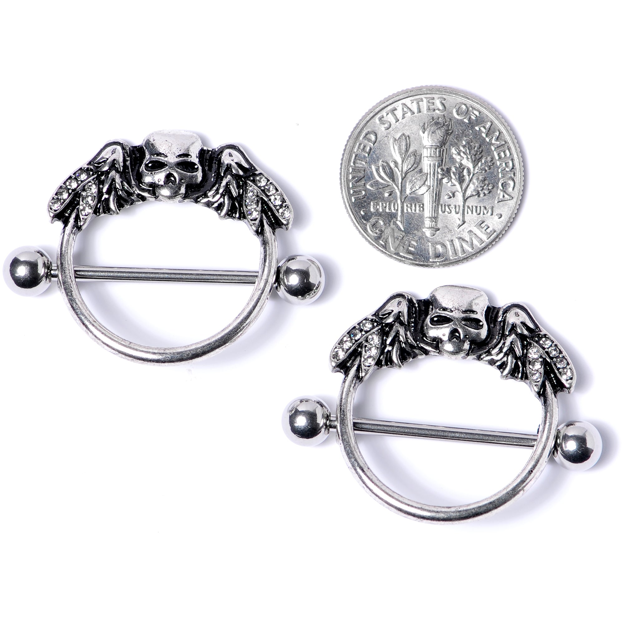 14 Gauge 7/8 Winged Skull Halloween Nipple Shield Set