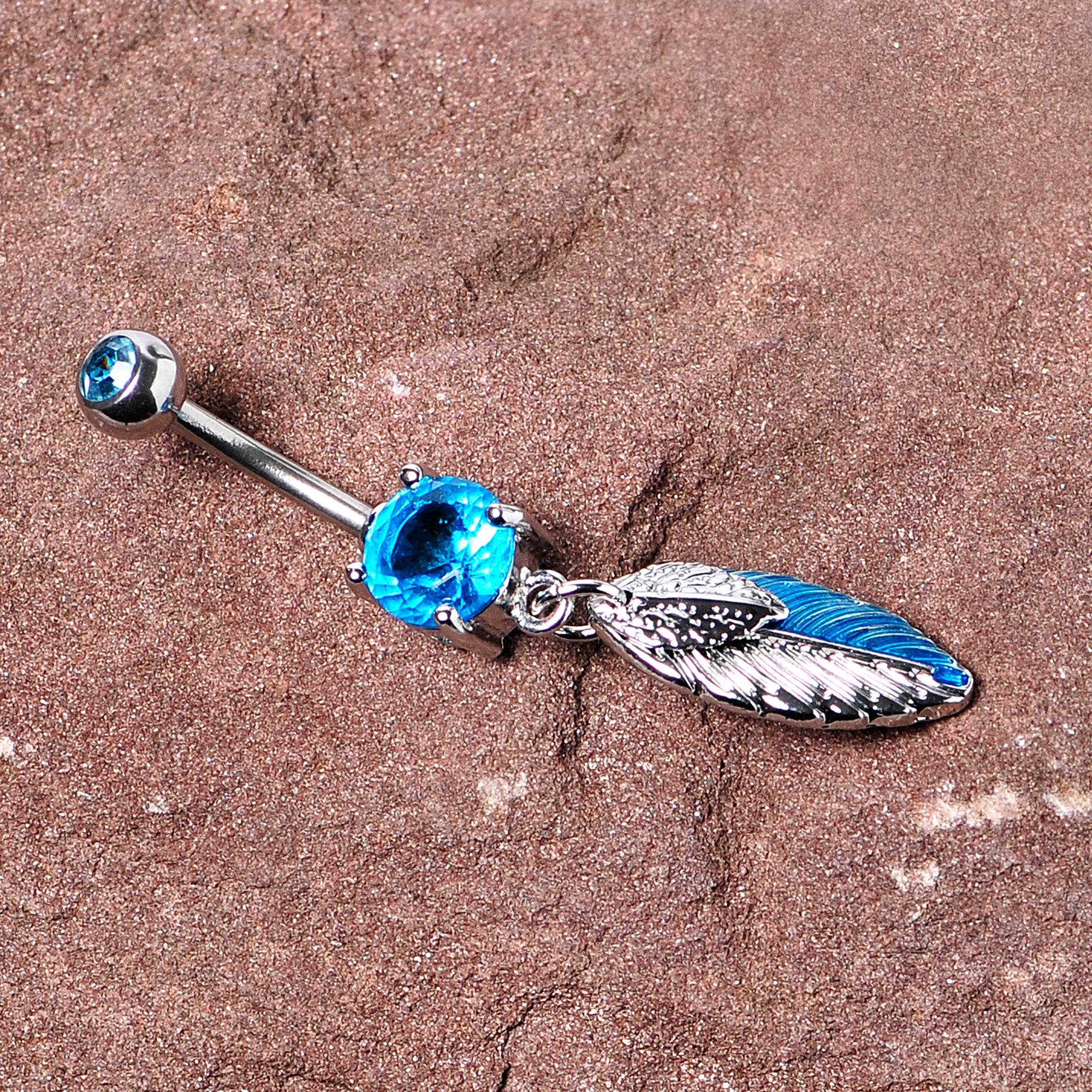 Blue Gem Feathers Southwestern Dangle Belly Ring