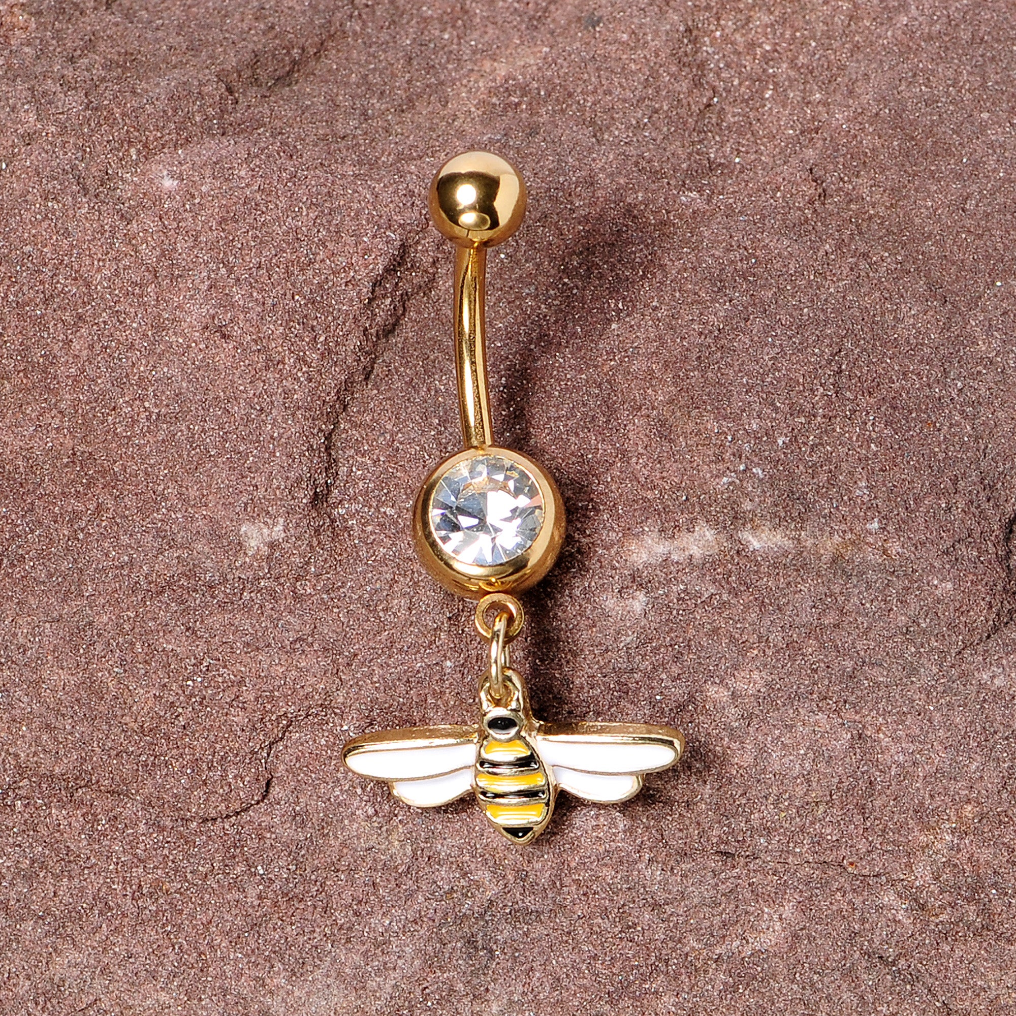 Clear Gem Gold Tone Striped Bee Dangle Belly Ring