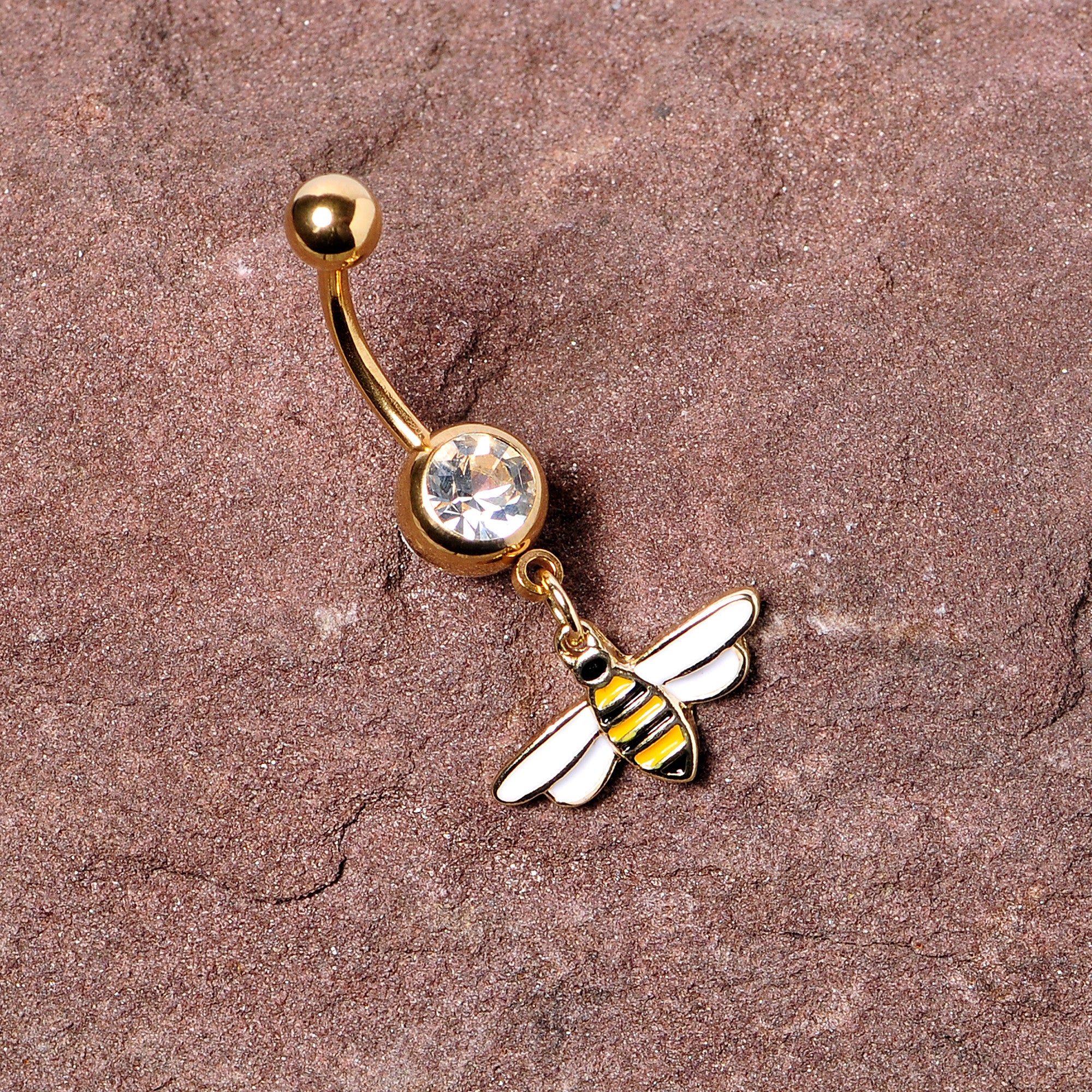 Clear Gem Gold Tone Striped Bee Dangle Belly Ring